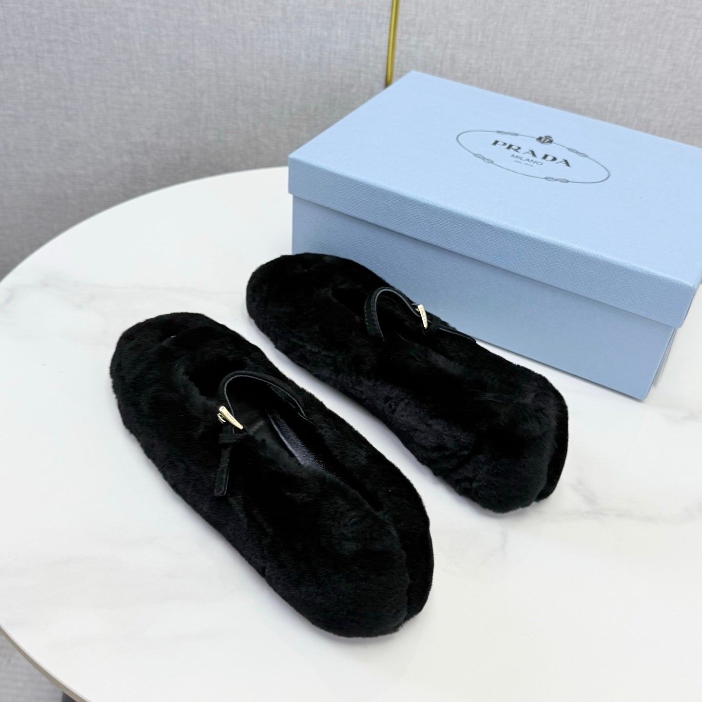 Prada 26s Ballerina Flats Strap With Buckle Black Fur 973283
