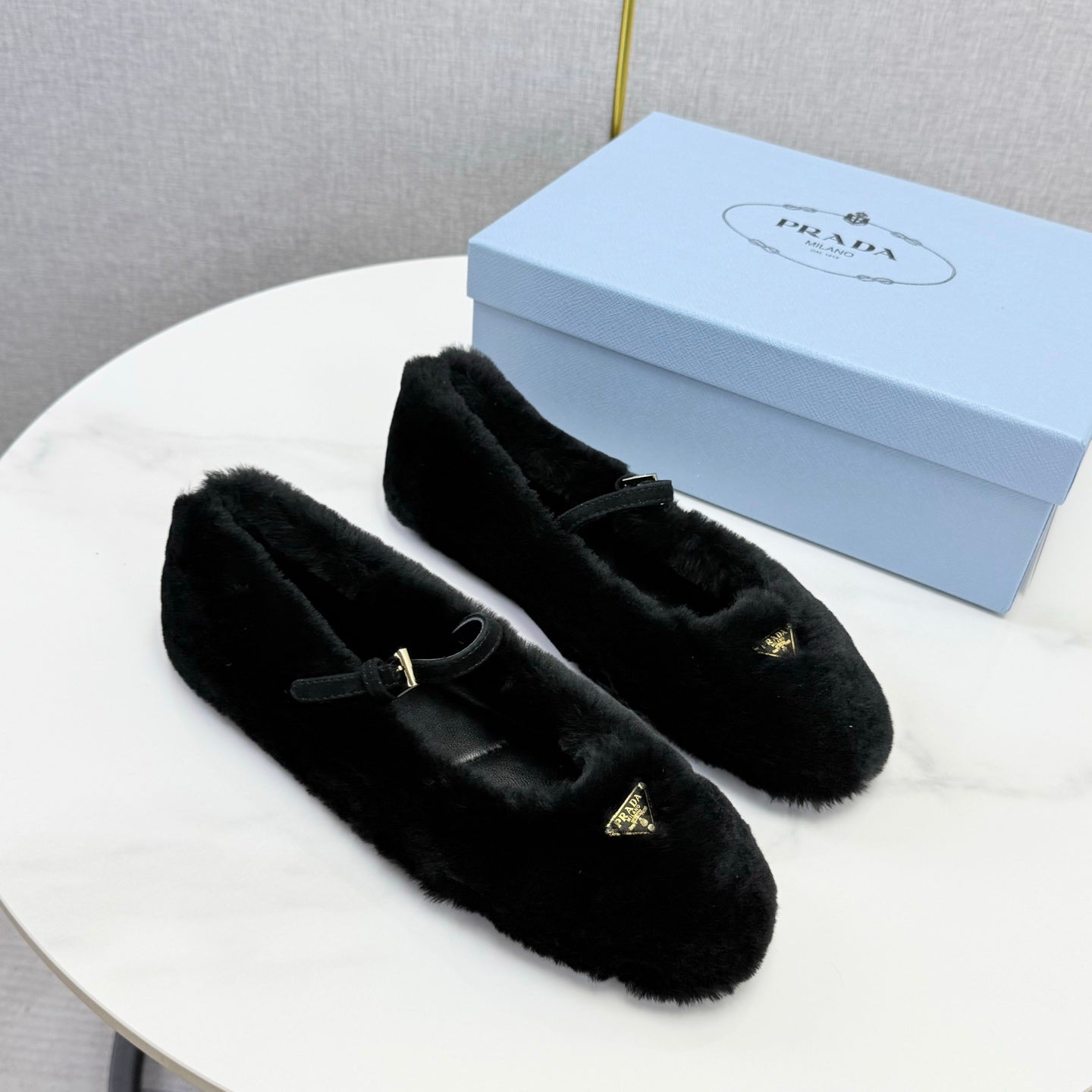 Prada 26s Ballerina Flats Strap With Buckle Black Fur 973283