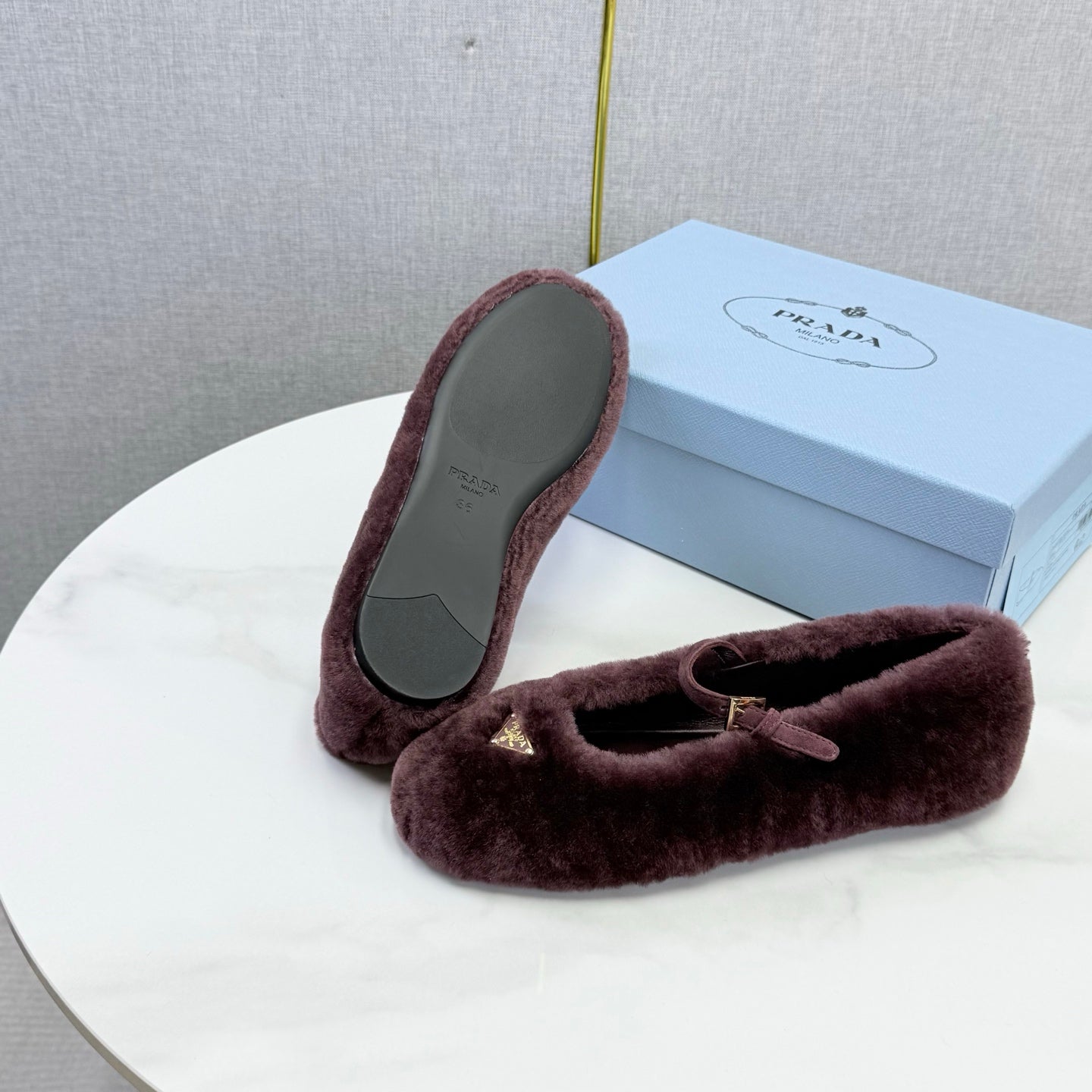 Prada 26s Ballerina Flats Strap With Buckle Burgundy Fur 973285