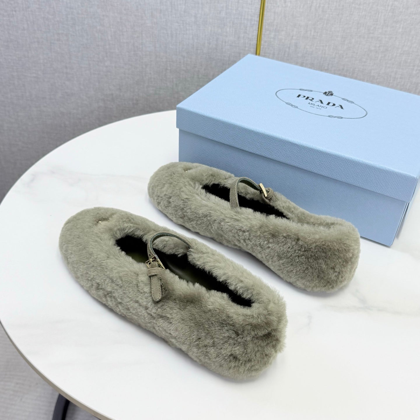 Prada 26s Ballerina Flats Strap With Buckle Olive Fur 973284