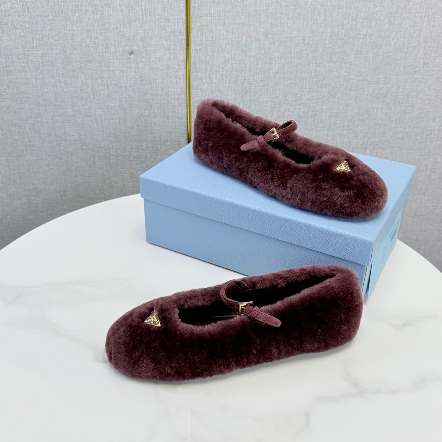Prada 26s Ballerina Flats Strap With Buckle Burgundy Fur 973285