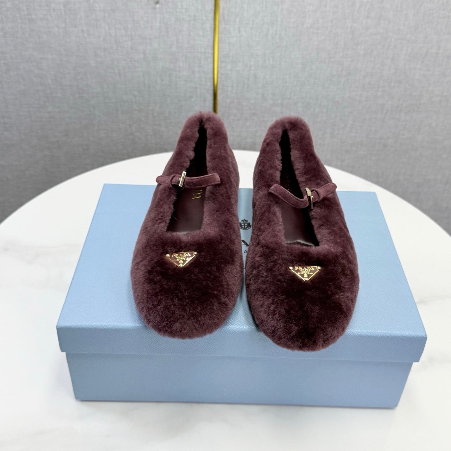 Prada 26s Ballerina Flats Strap With Buckle Burgundy Fur 973285