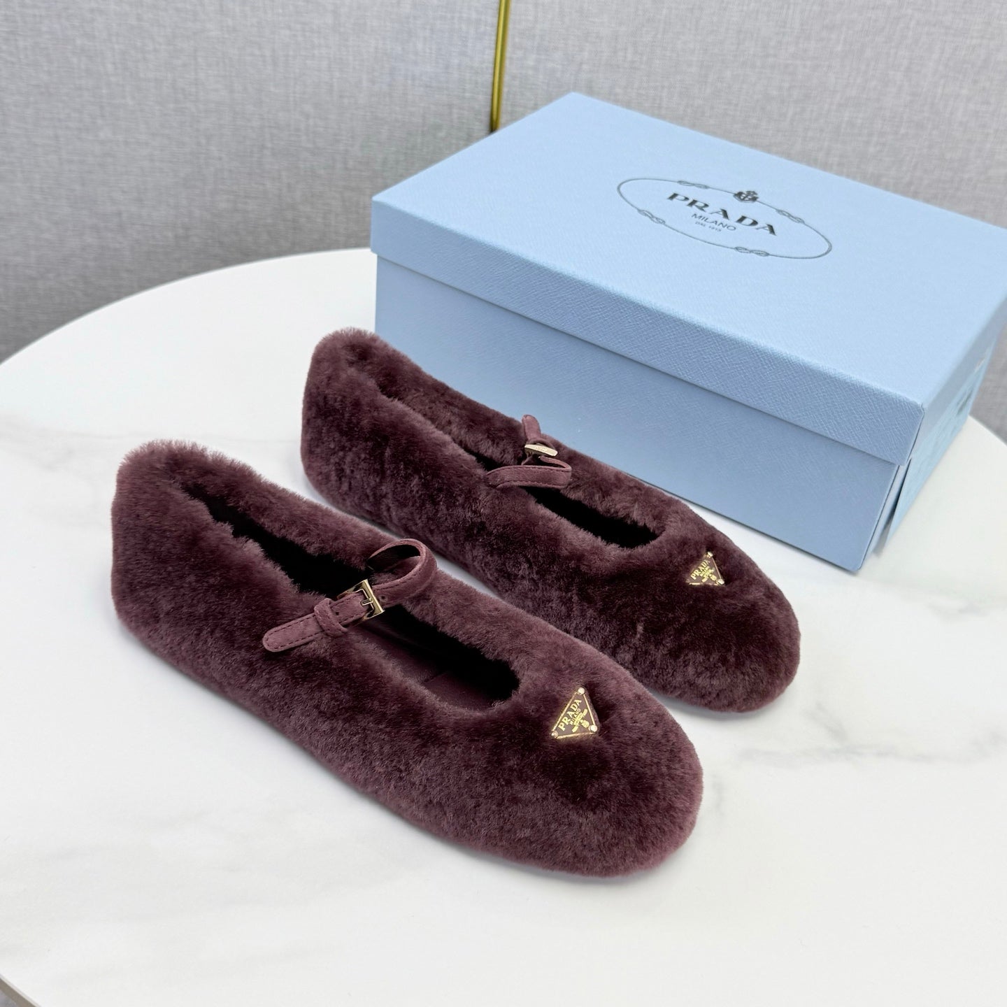 Prada 26s Ballerina Flats Strap With Buckle Burgundy Fur 973285