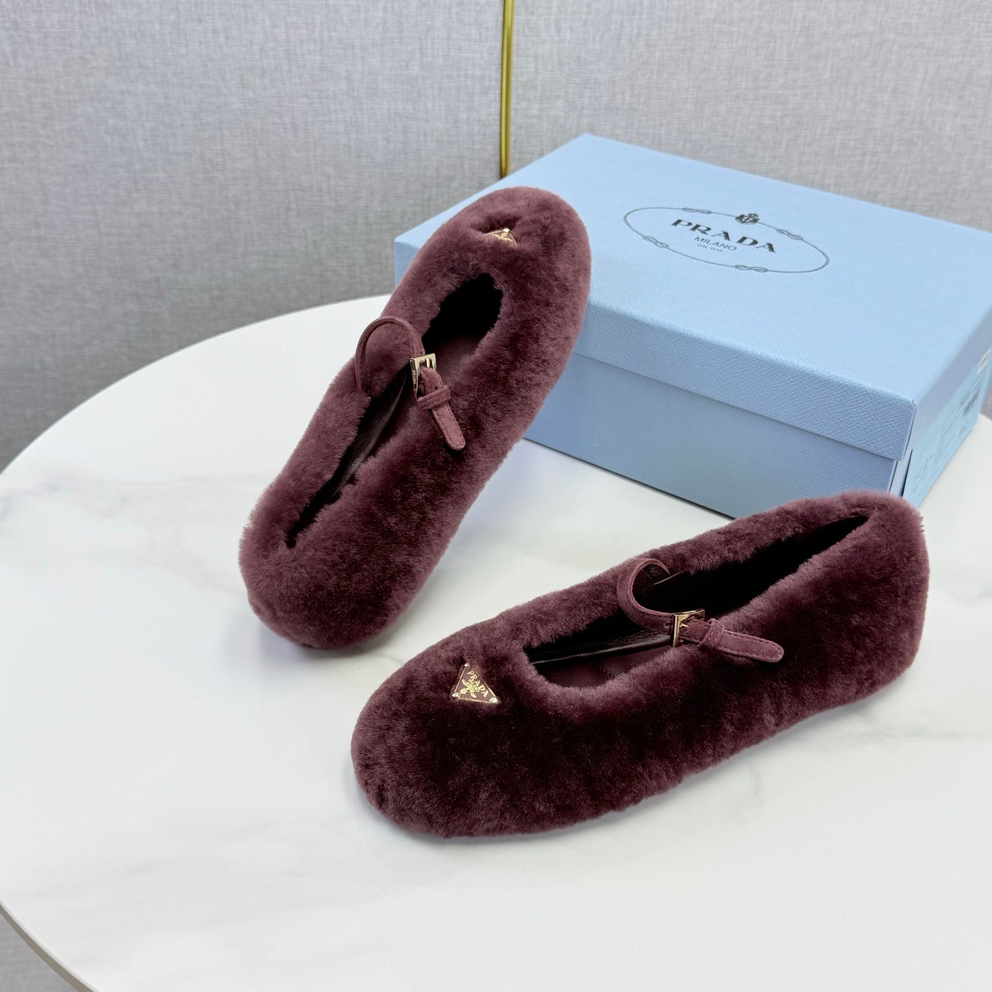 Prada 26s Ballerina Flats Strap With Buckle Burgundy Fur 973285