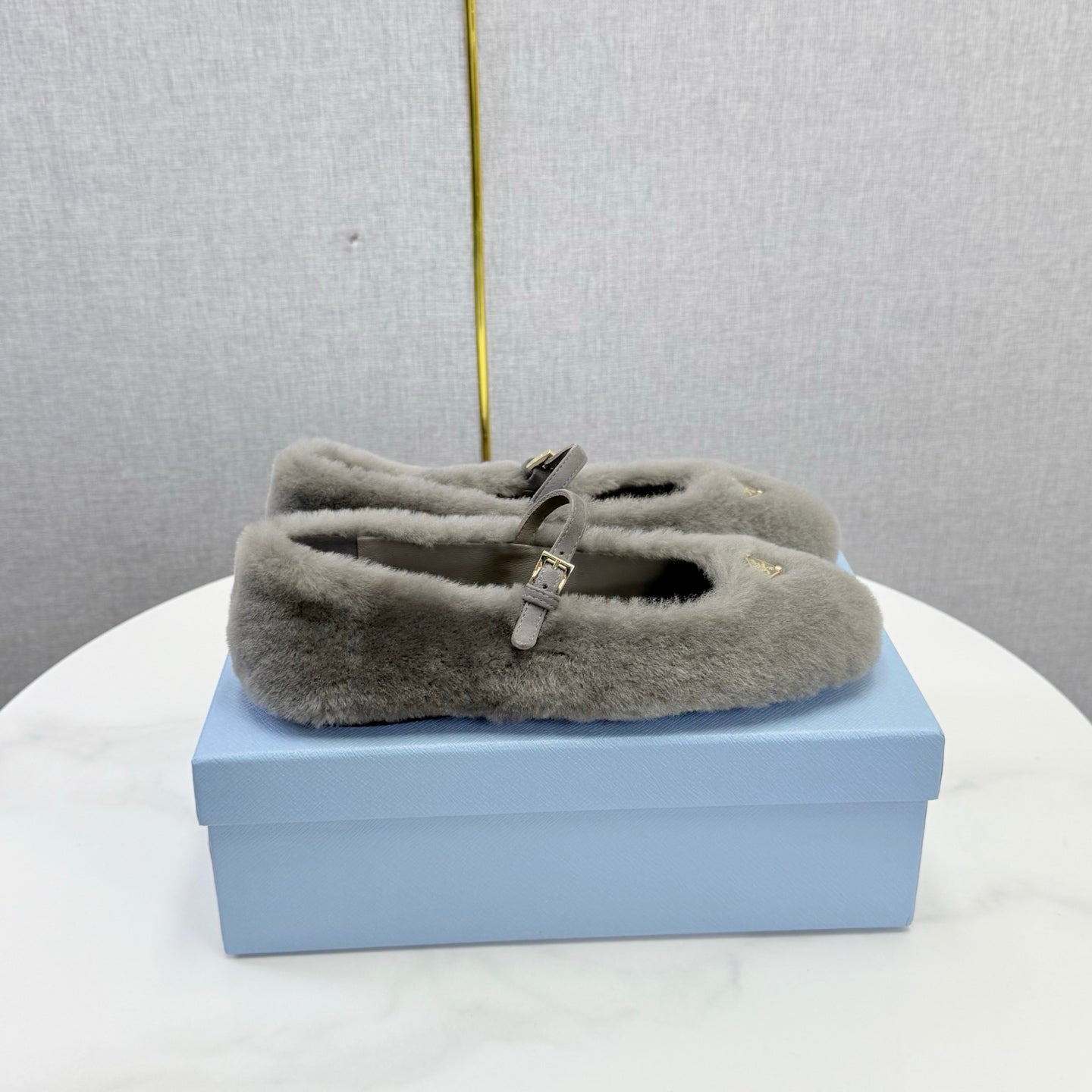 Prada 26s Ballerina Flats Strap With Buckle Grey Fur 973287