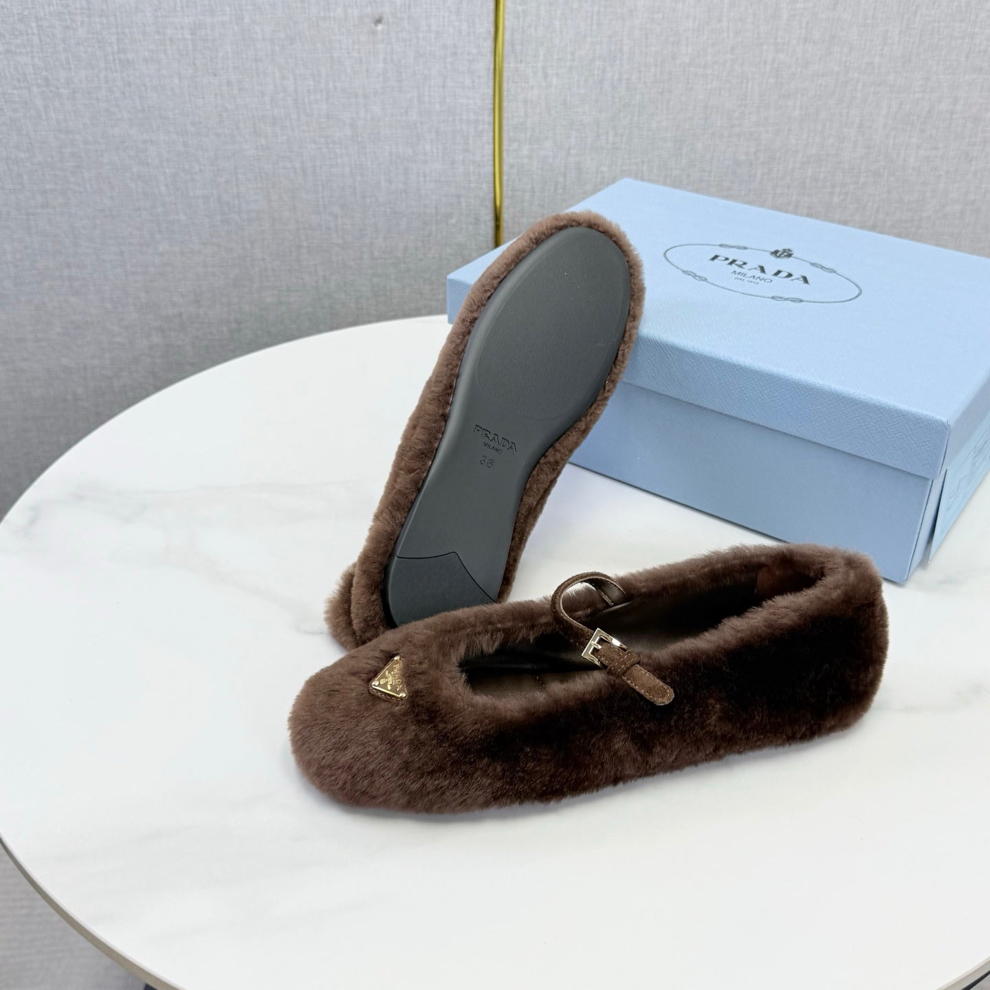 Prada 26s Ballerina Flats Strap With Buckle Brown Fur 973289