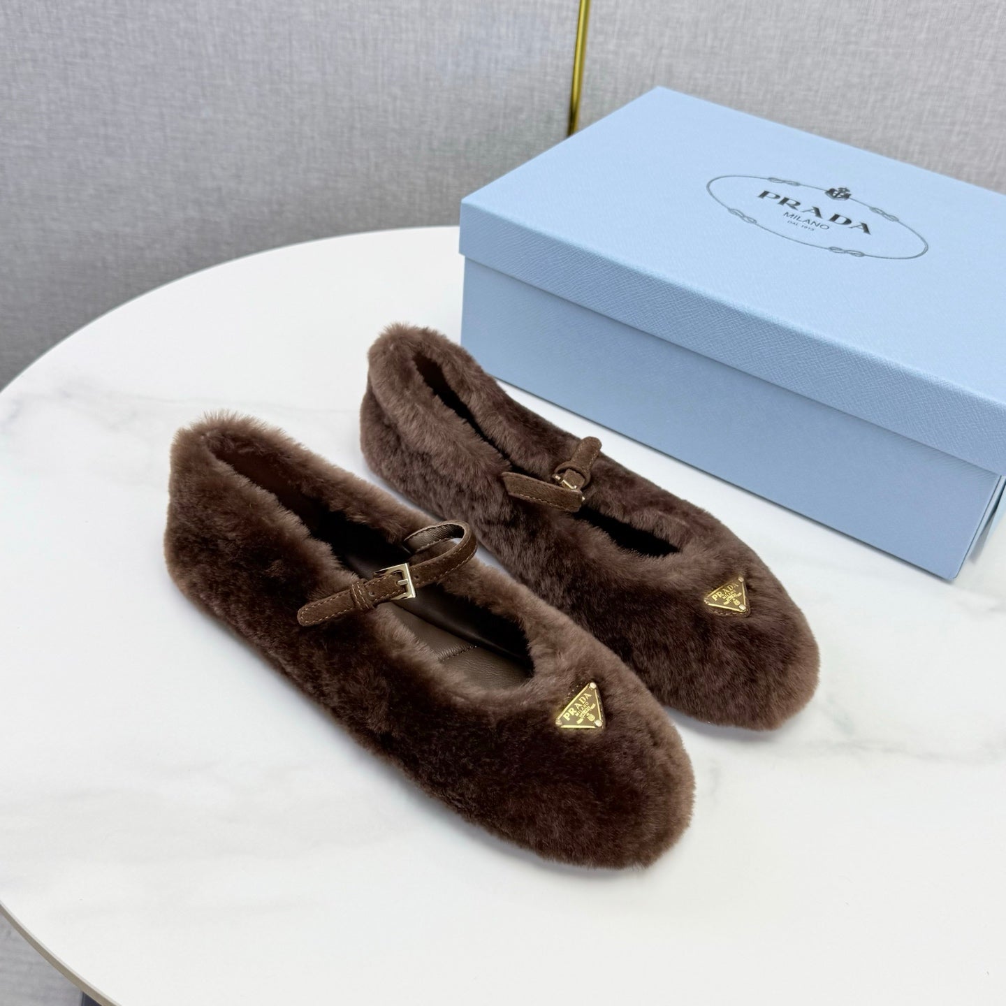 Prada 26s Ballerina Flats Strap With Buckle Brown Fur 973289