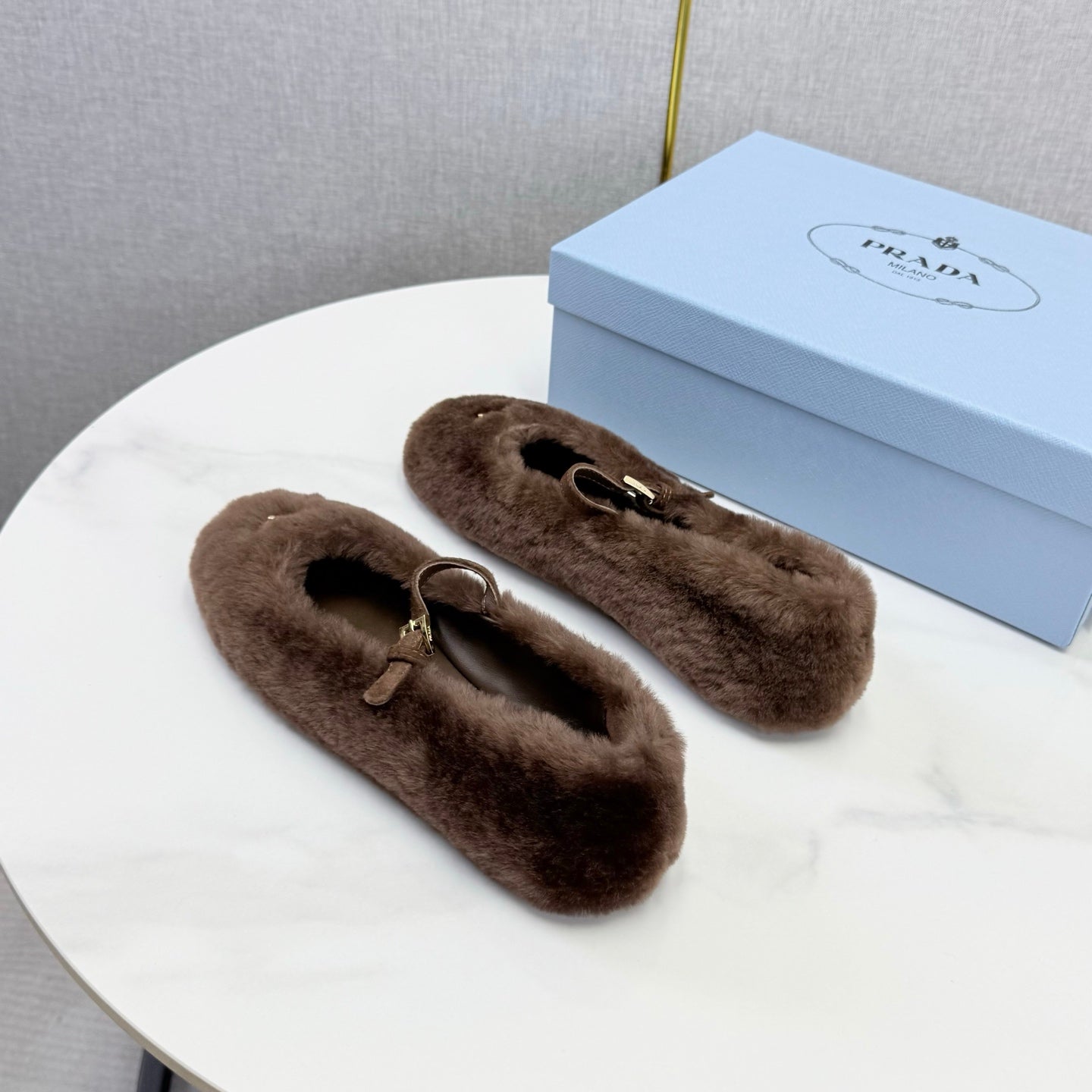 Prada 26s Ballerina Flats Strap With Buckle Brown Fur 973289