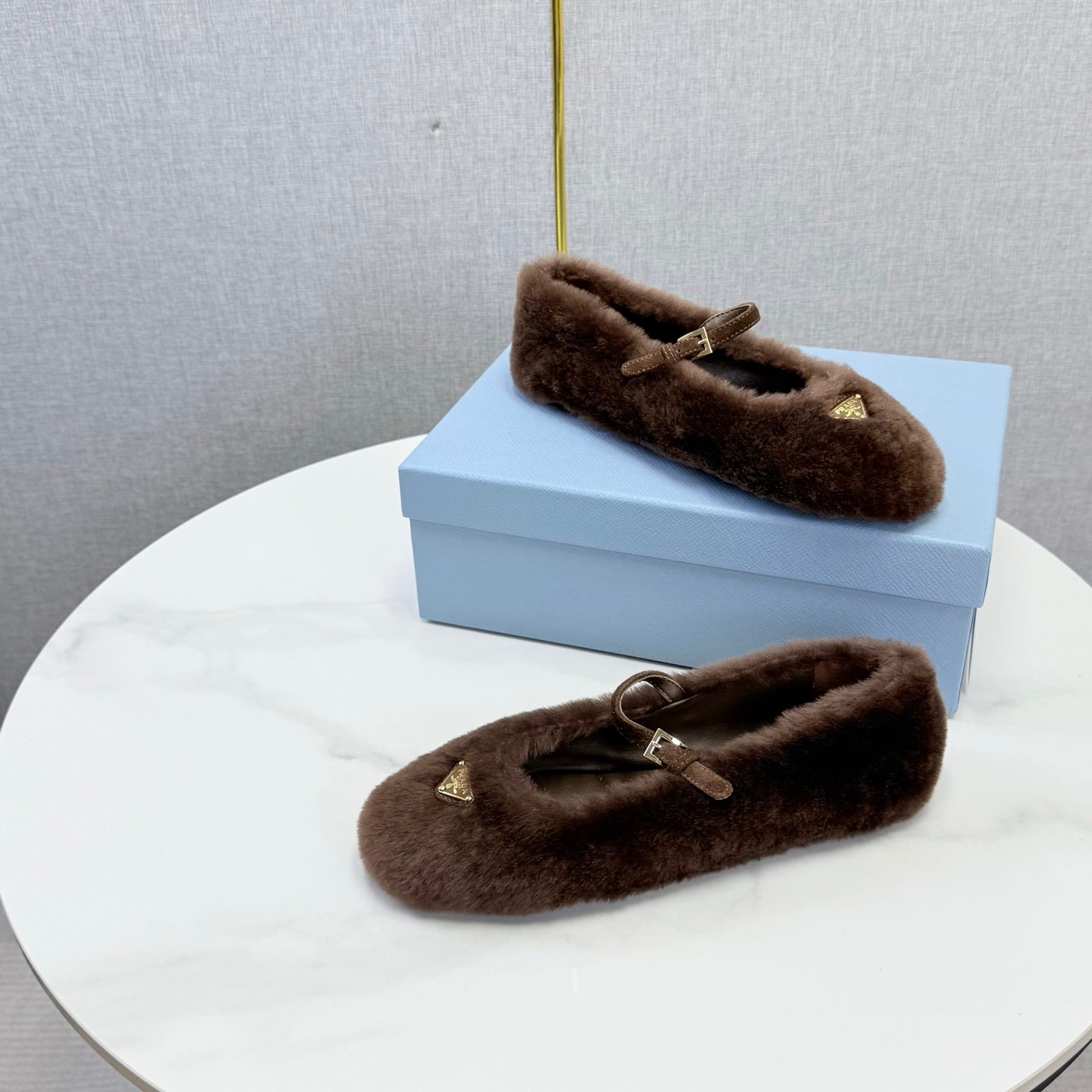 Prada 26s Ballerina Flats Strap With Buckle Brown Fur 973289