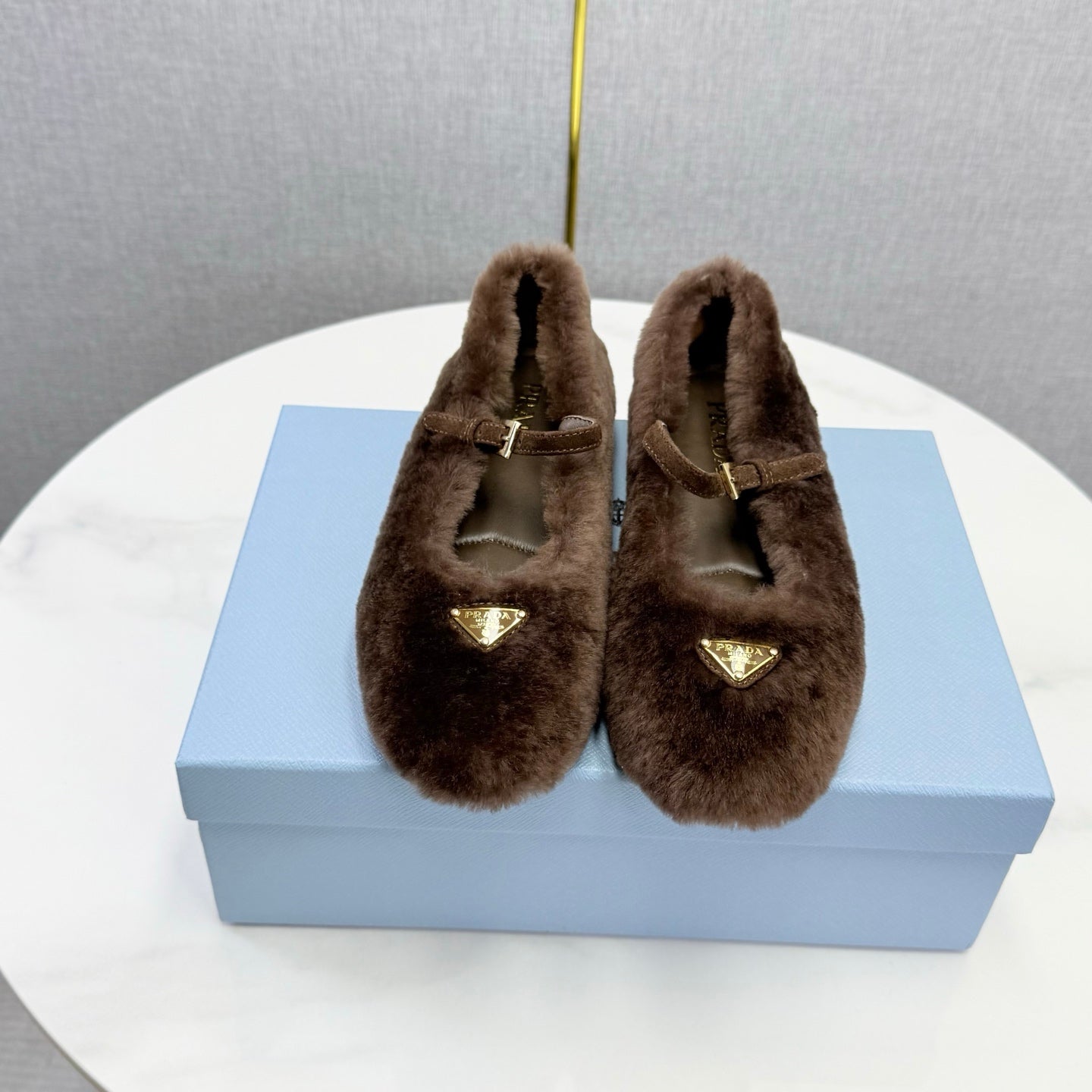 Prada 26s Ballerina Flats Strap With Buckle Brown Fur 973289