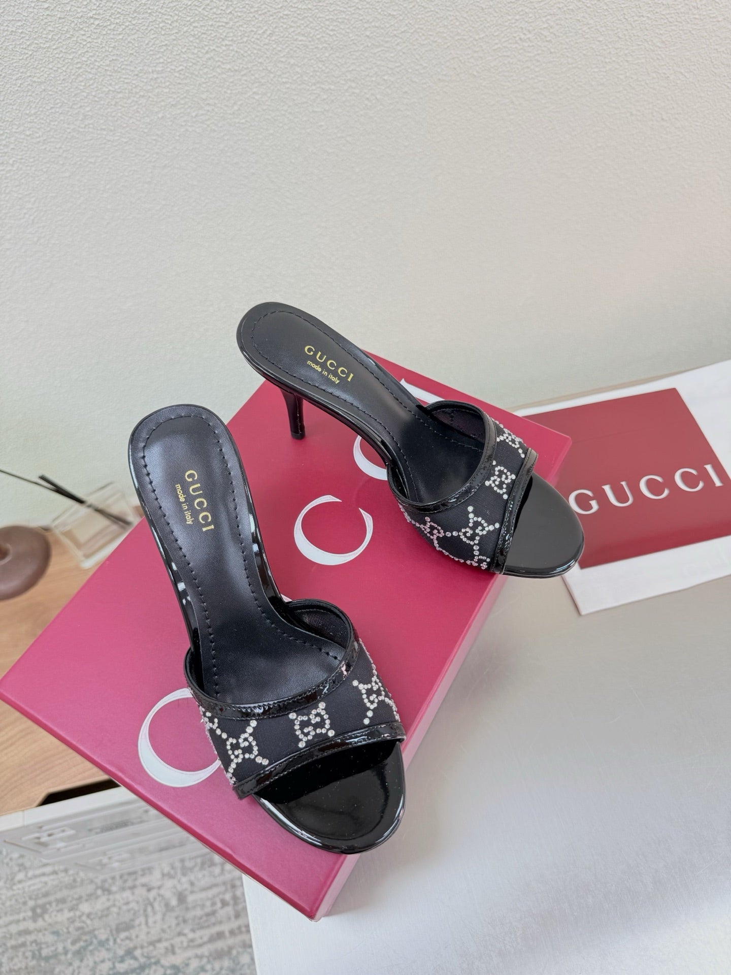 Gucci 2026 Erin GG Embellished Leather-trimmed Mules Black Mesh Leather