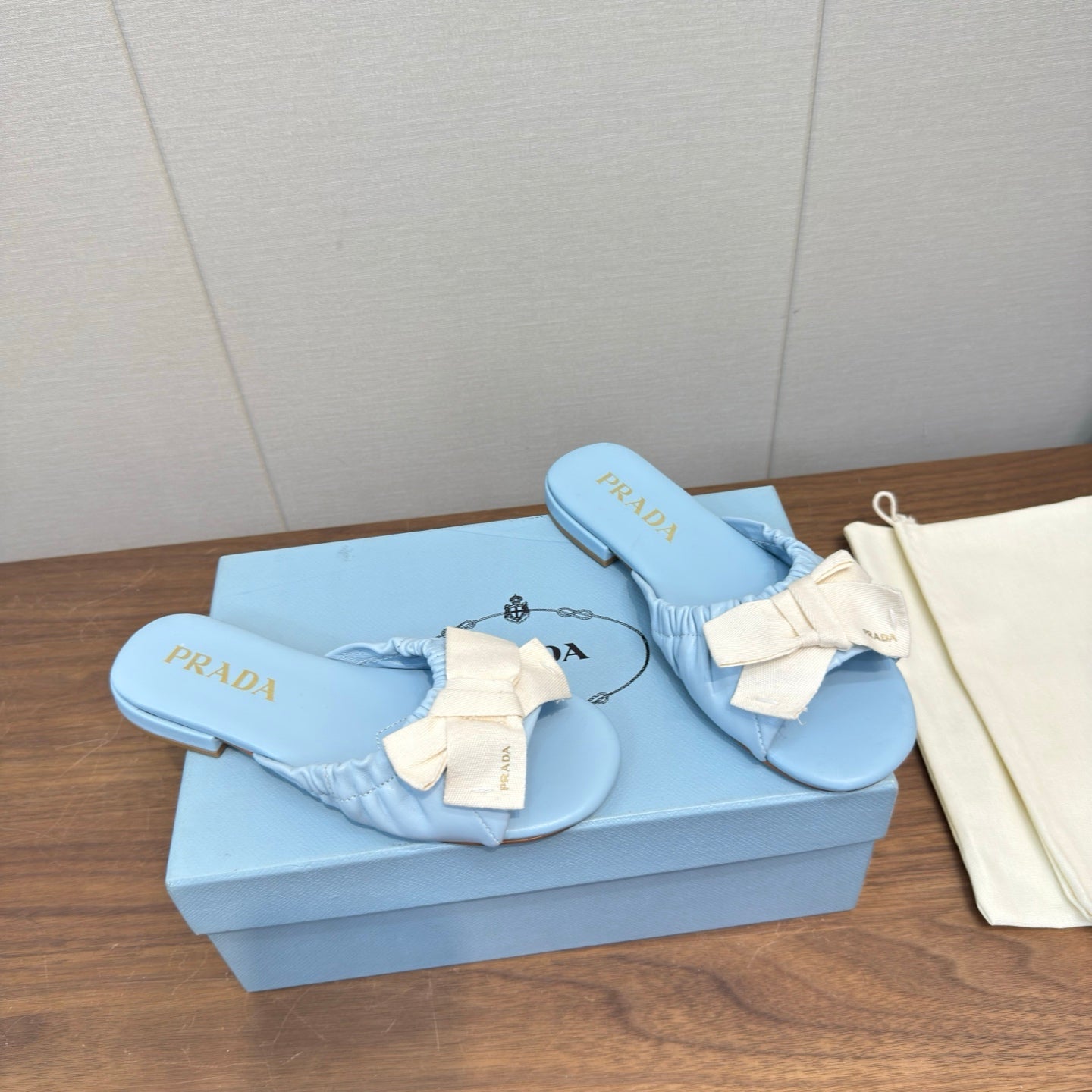 Prada Bow Slide Sandals White Blue Sheepskin 836555
