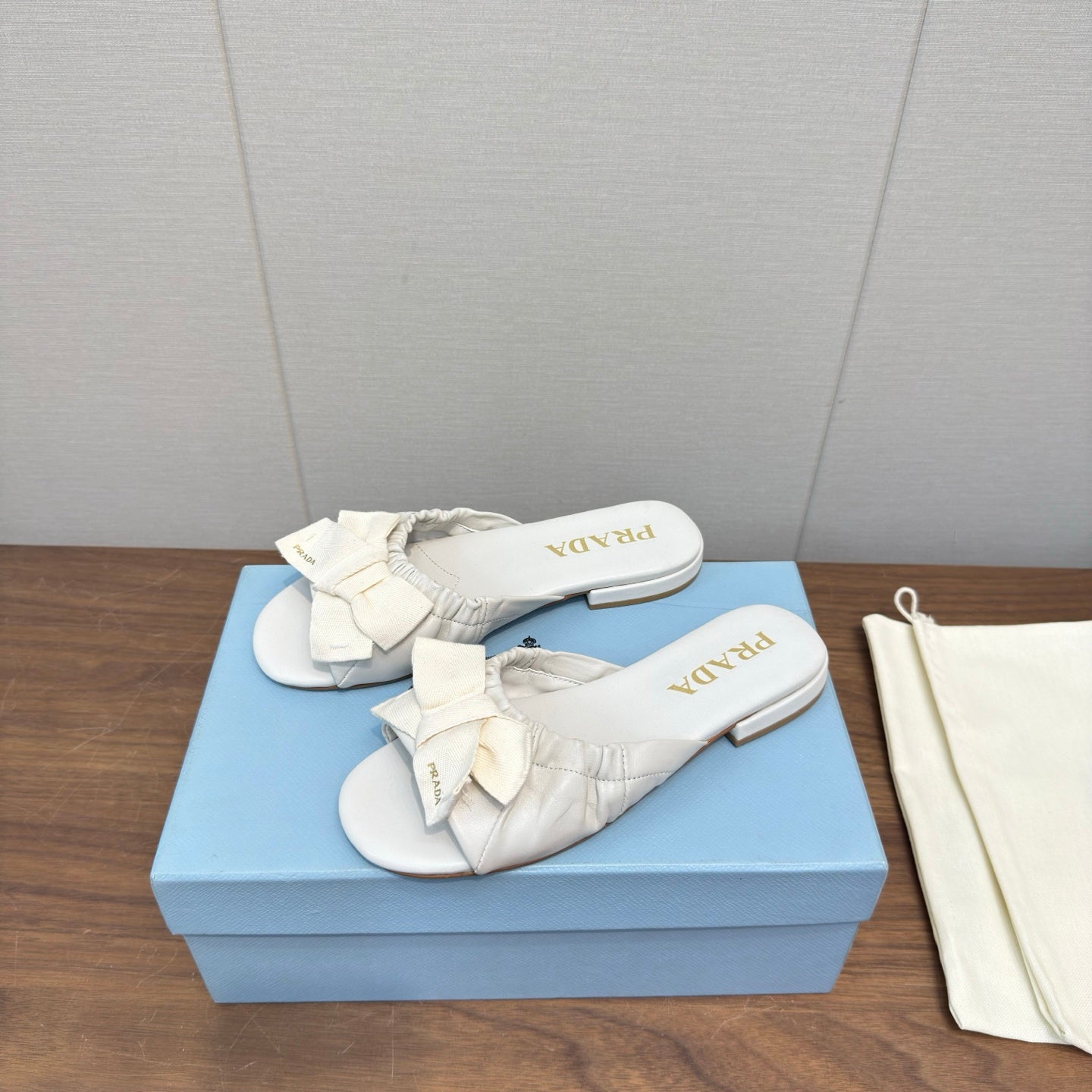 Prada Bow Slide Sandals White Sheepskin 836555