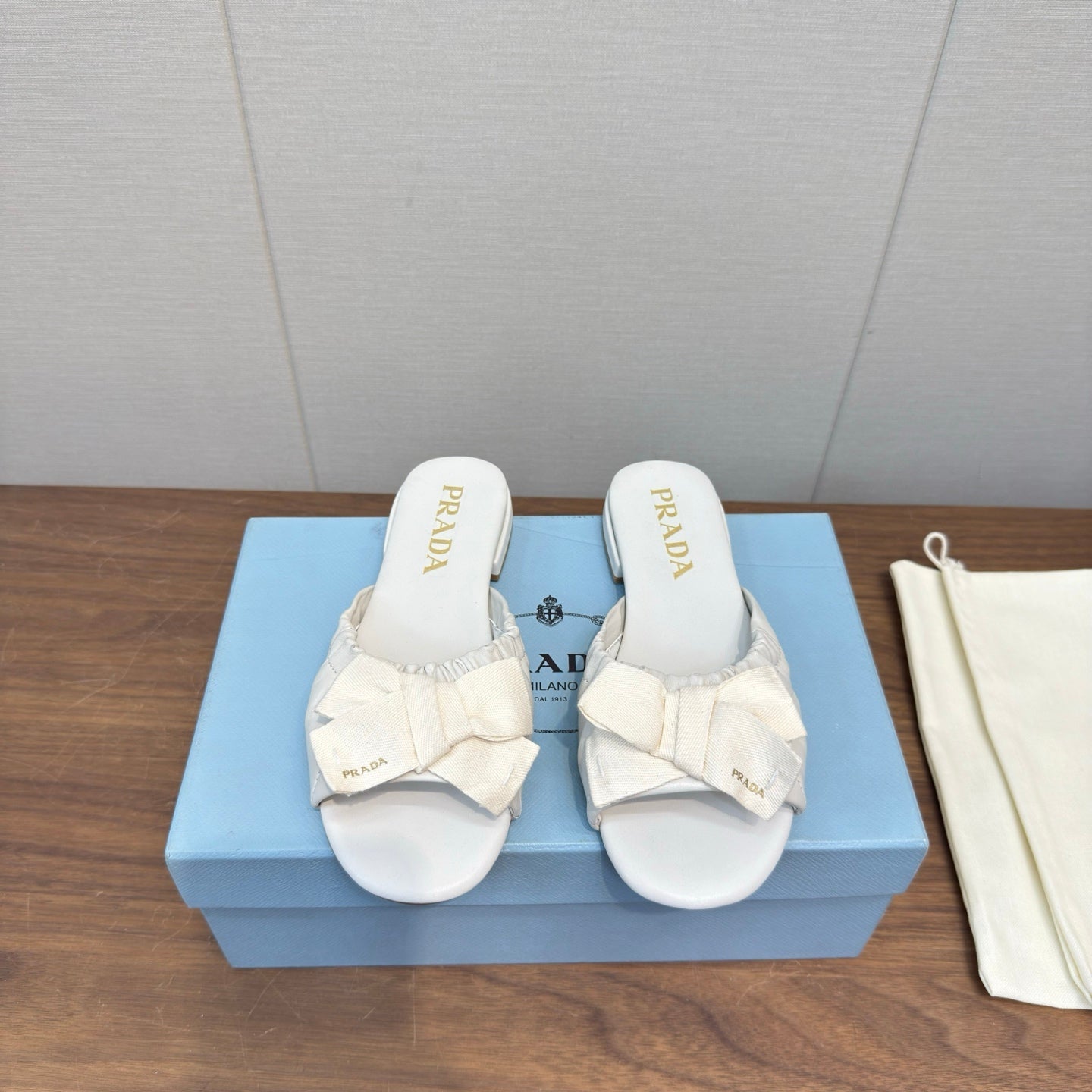 Prada Bow Slide Sandals White Sheepskin 836555
