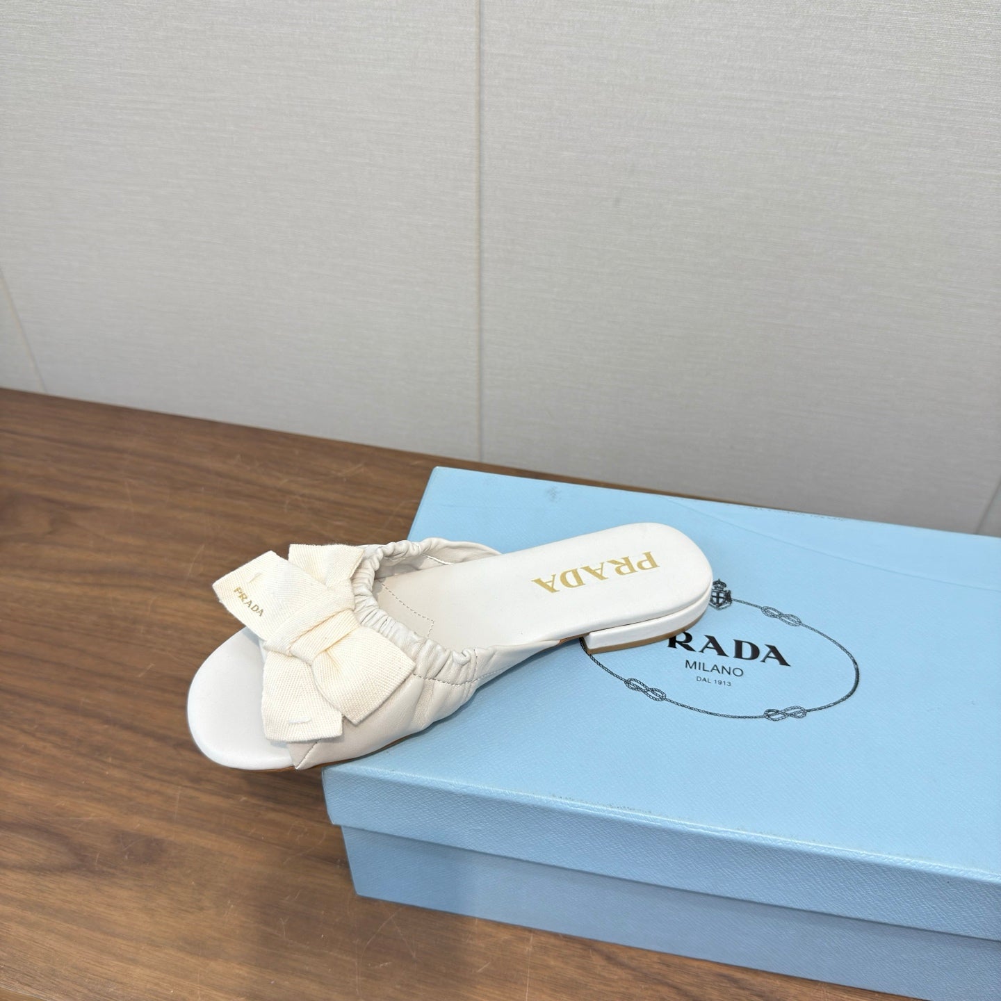 Prada Bow Slide Sandals White Sheepskin 836555