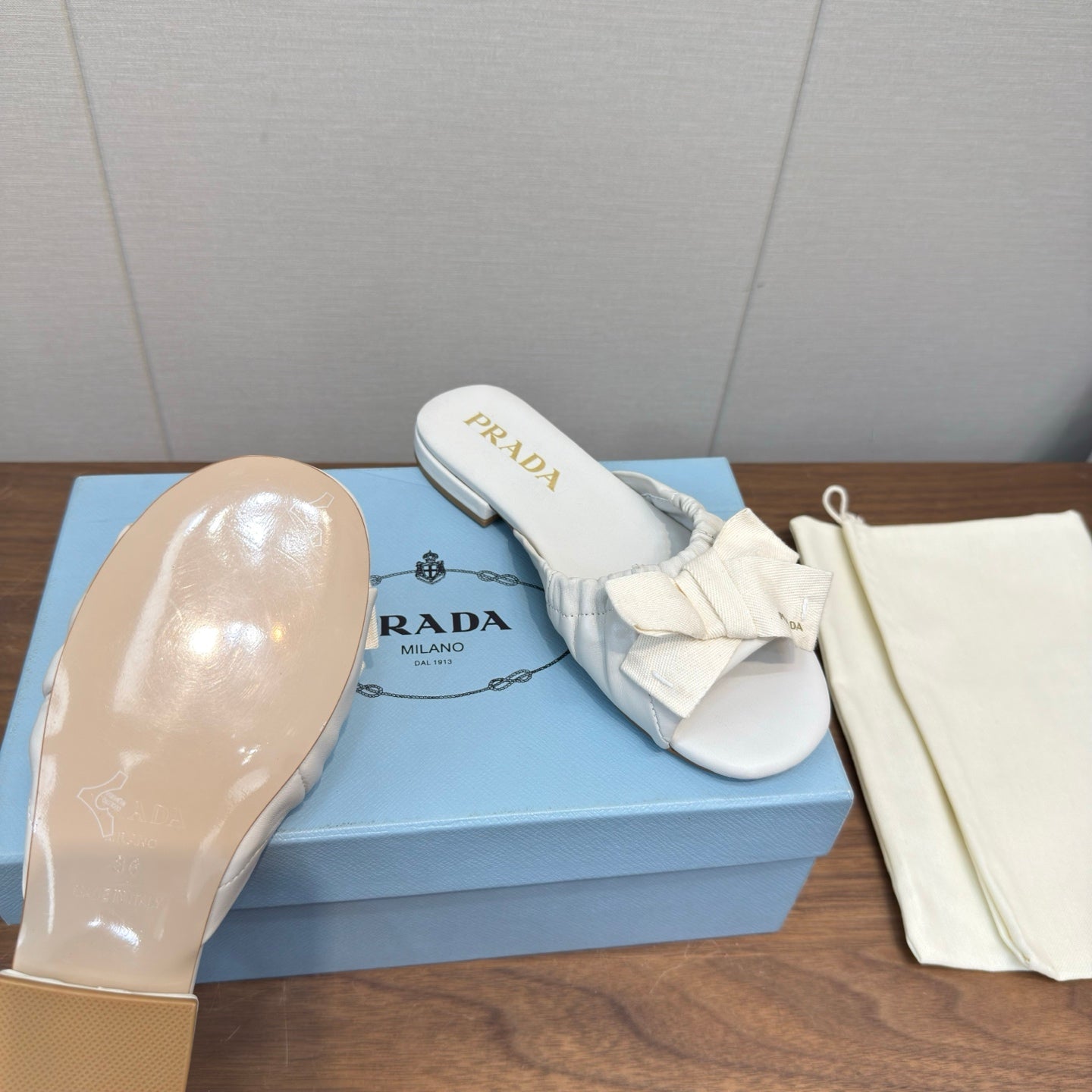 Prada Bow Slide Sandals White Sheepskin 836555
