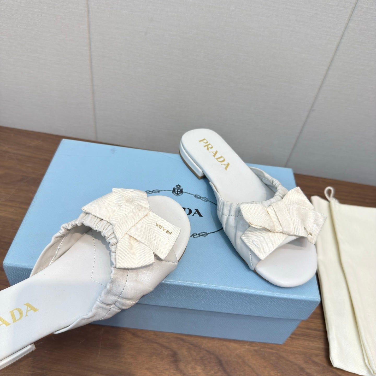 Prada Bow Slide Sandals White Sheepskin 836555