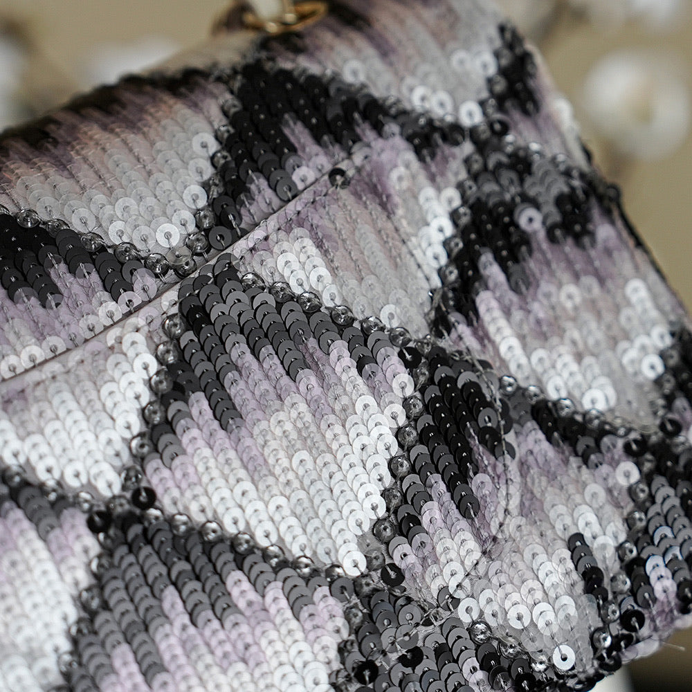 Chanel 2026 Flap Bag 25.5cm Black White Purple Sequin Leather 339086