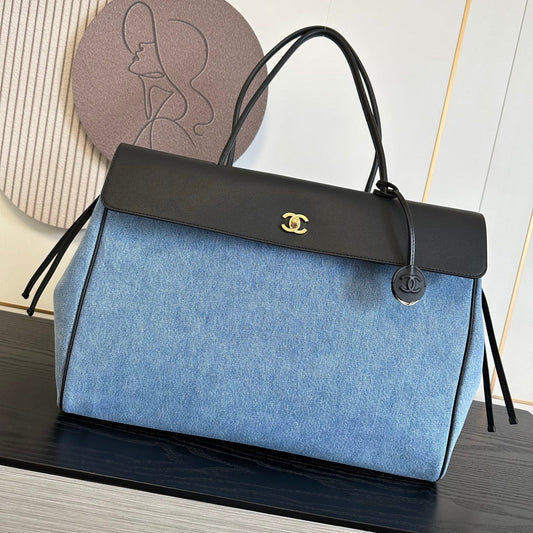 Chanel 2026 Shopping Bag 43cm Blue Black Denim Calfskin
