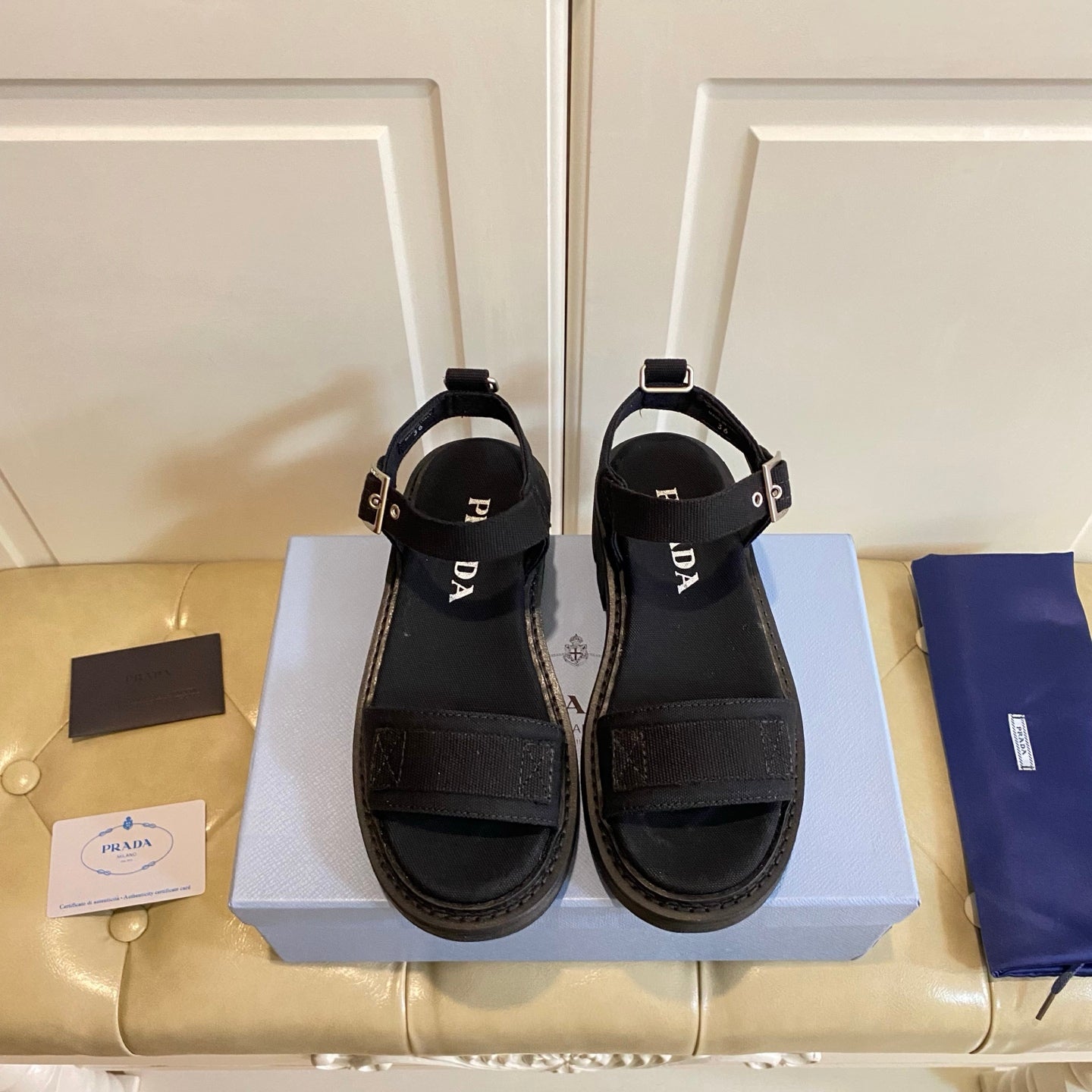 Prada Front Strap Sandal Black Canvas 687802