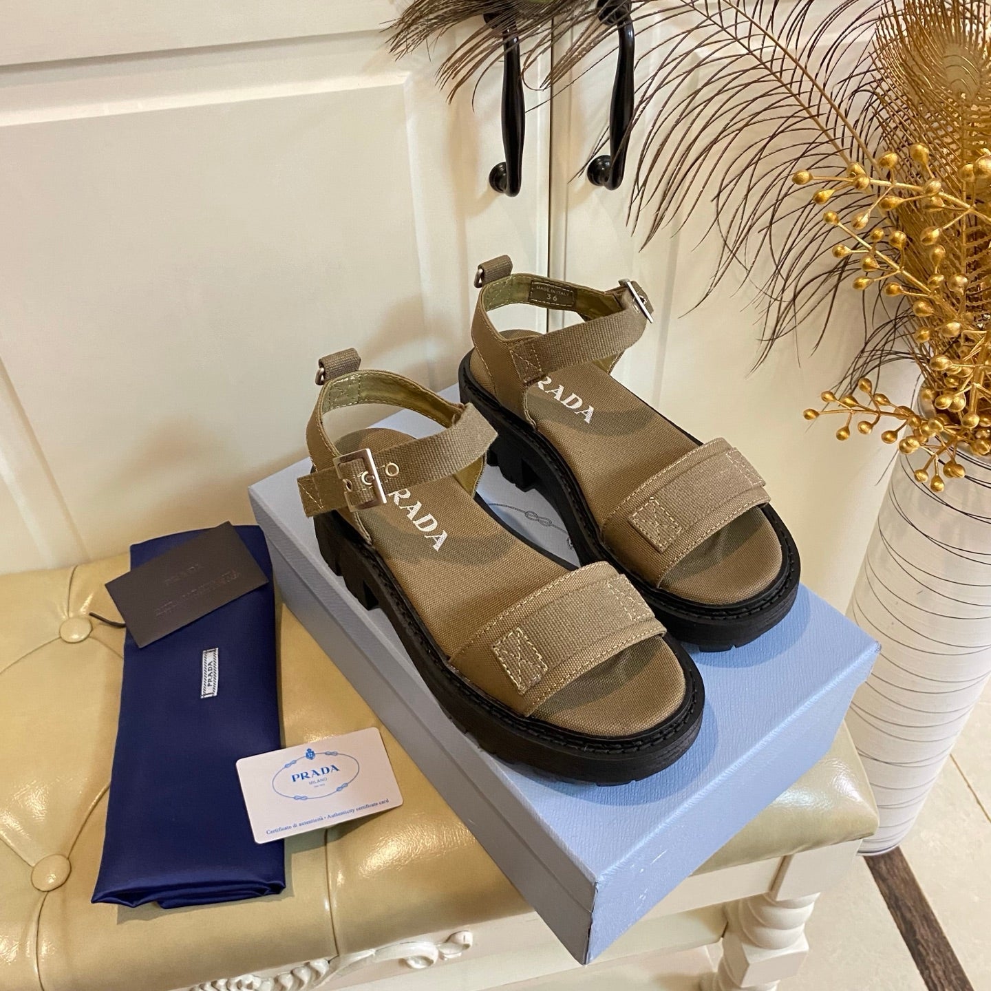 Prada Front Strap Sandal Military Green Canvas 687804