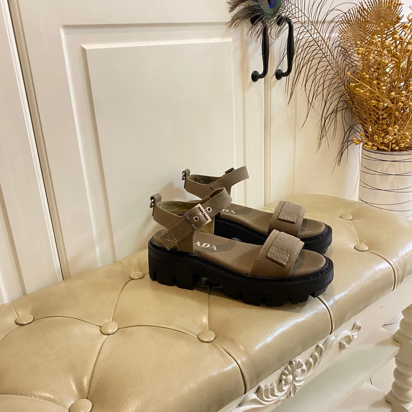 Prada Front Strap Sandal Military Green Canvas 687804
