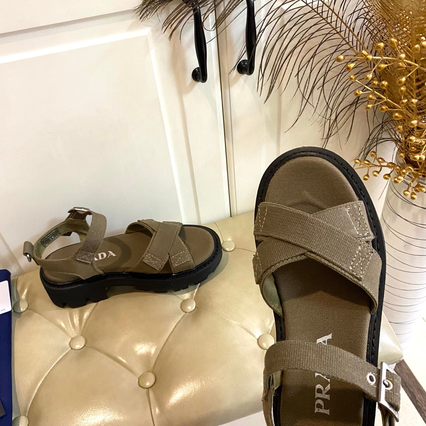 Prada Criss-Cross Sandal Military Green Canvas 687804