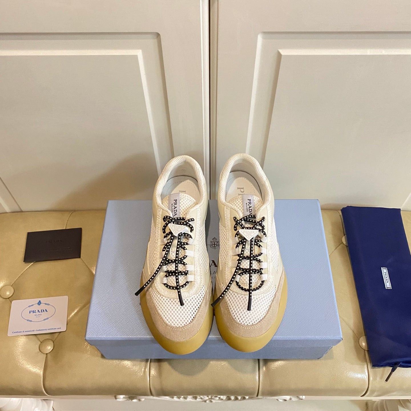 Prada Speedrock Sneaker Ivory Suede Mesh 687795