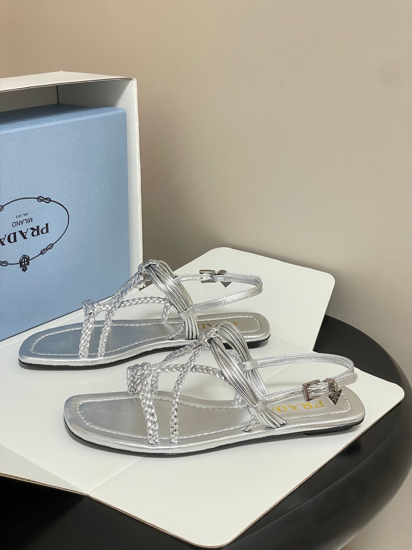 Prada Strappy Flat Sandals Sliver Sheepskin 834810