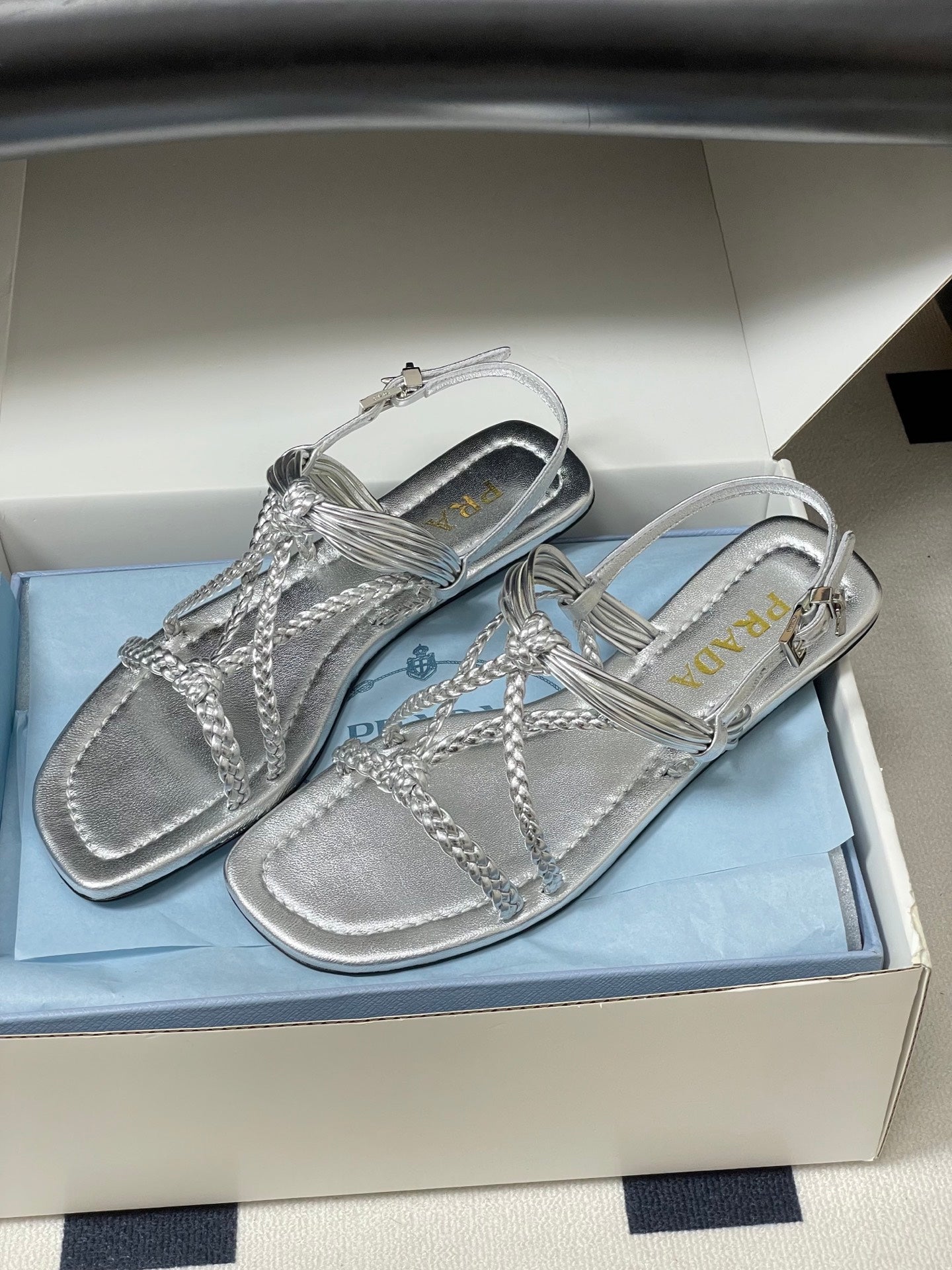 Prada Strappy Flat Sandals Sliver Sheepskin 834810