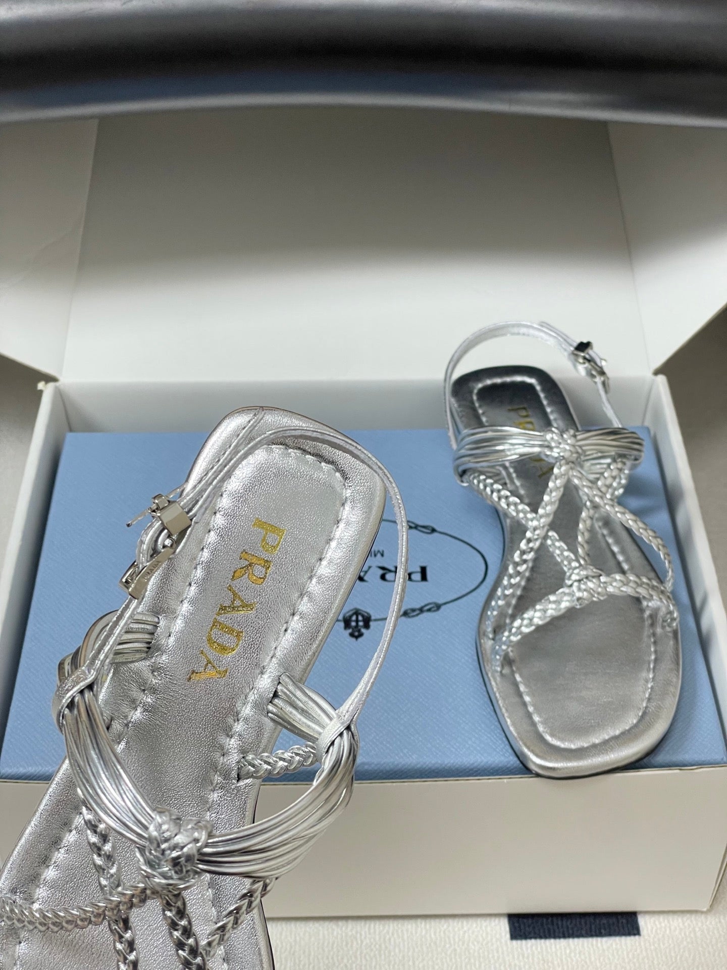 Prada Strappy Flat Sandals Sliver Sheepskin 834810
