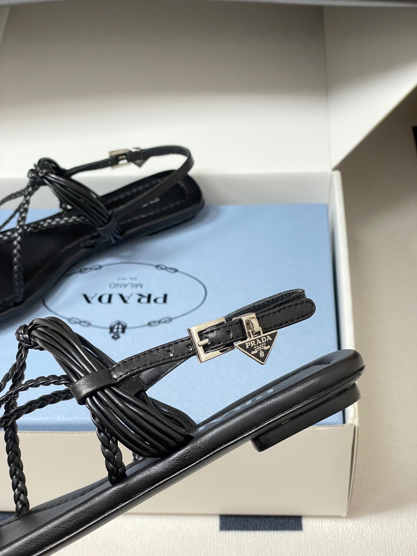 Prada Strappy Flat Sandals Black Sheepskin 834811