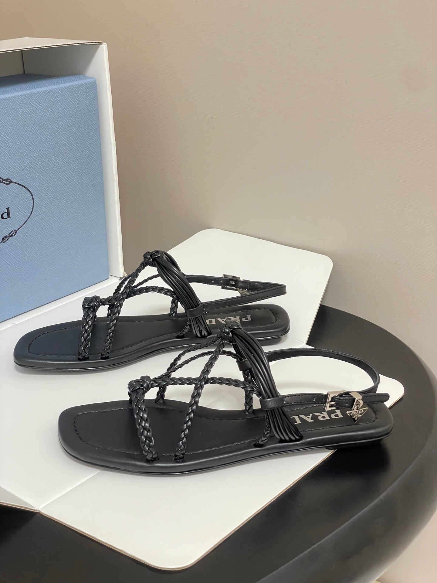 Prada Strappy Flat Sandals Black Sheepskin 834811
