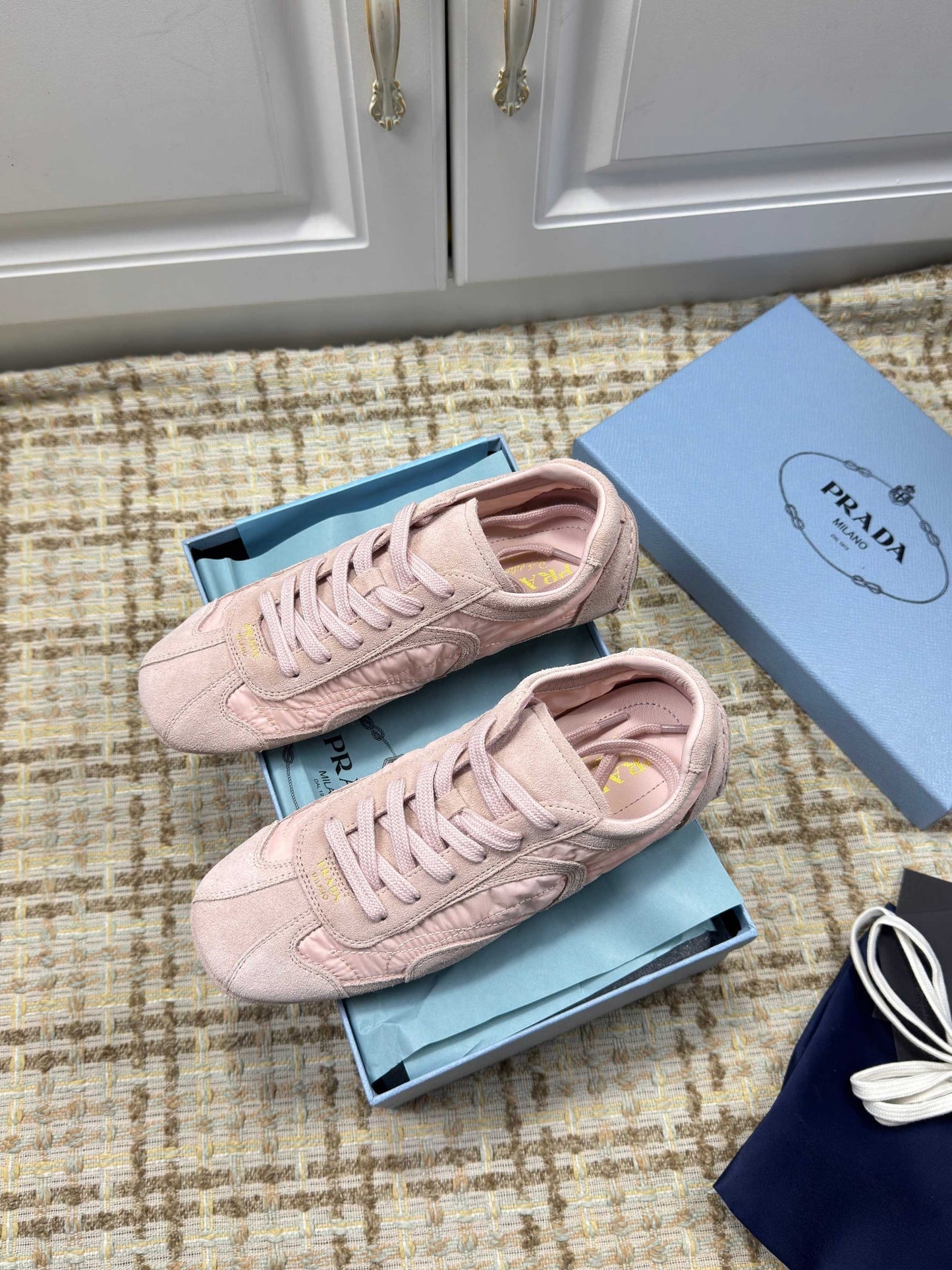 Prada 26s Low Top Sneakers In Pink Nylon And Suede
