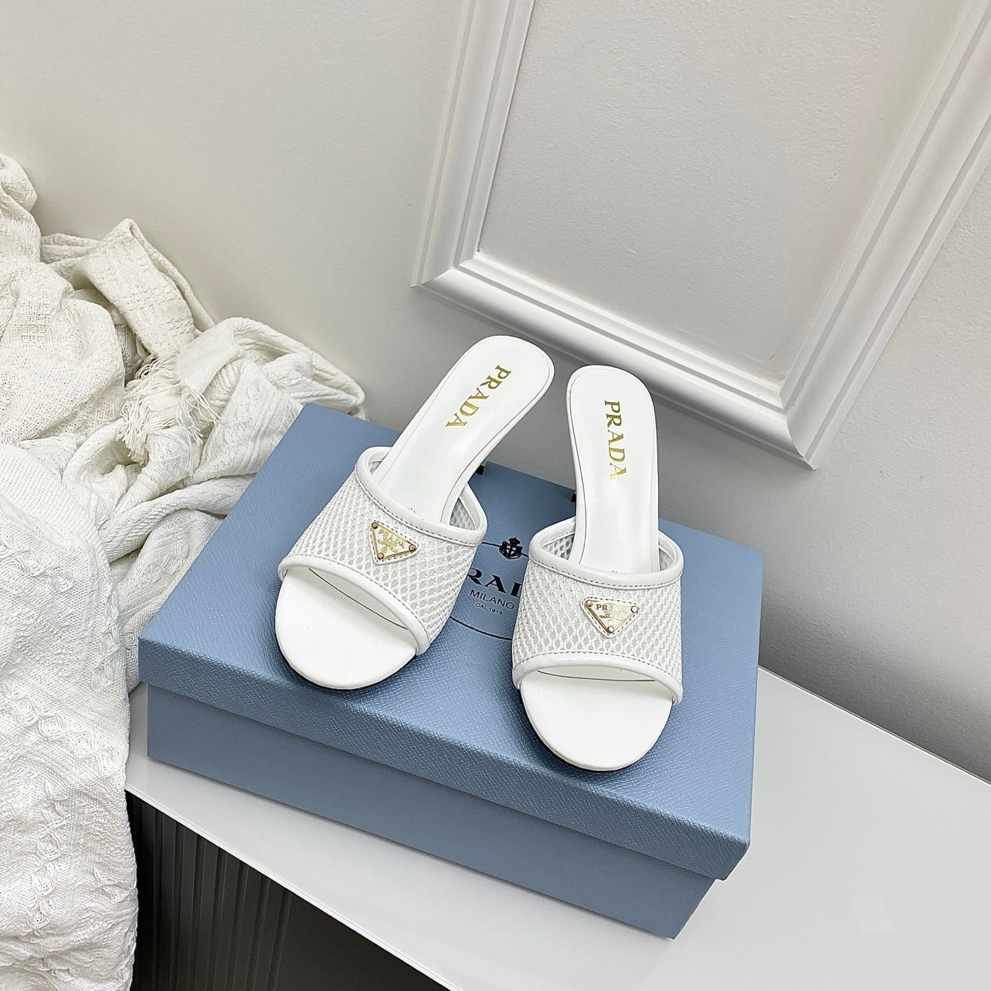 Prada 26s Mules White Mesh Leather 726970