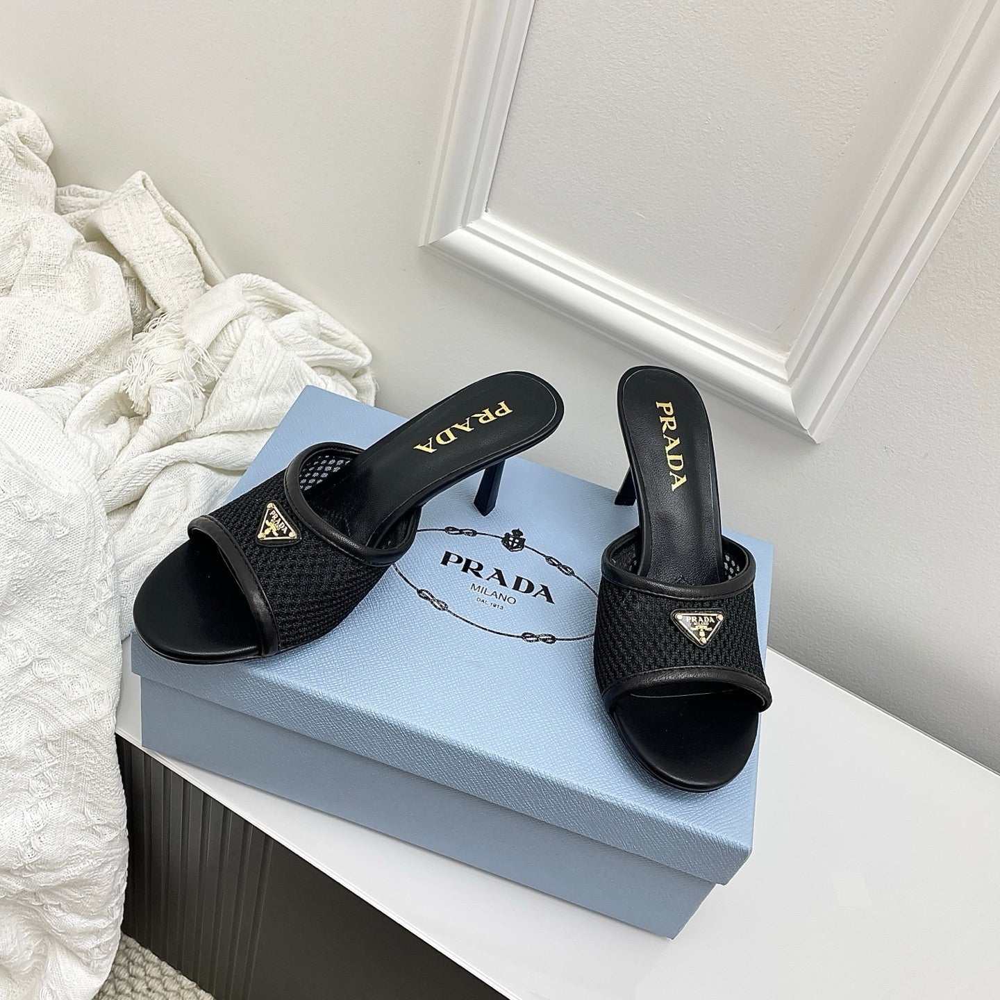 Prada 26s Mules Black Mesh Leather 726971