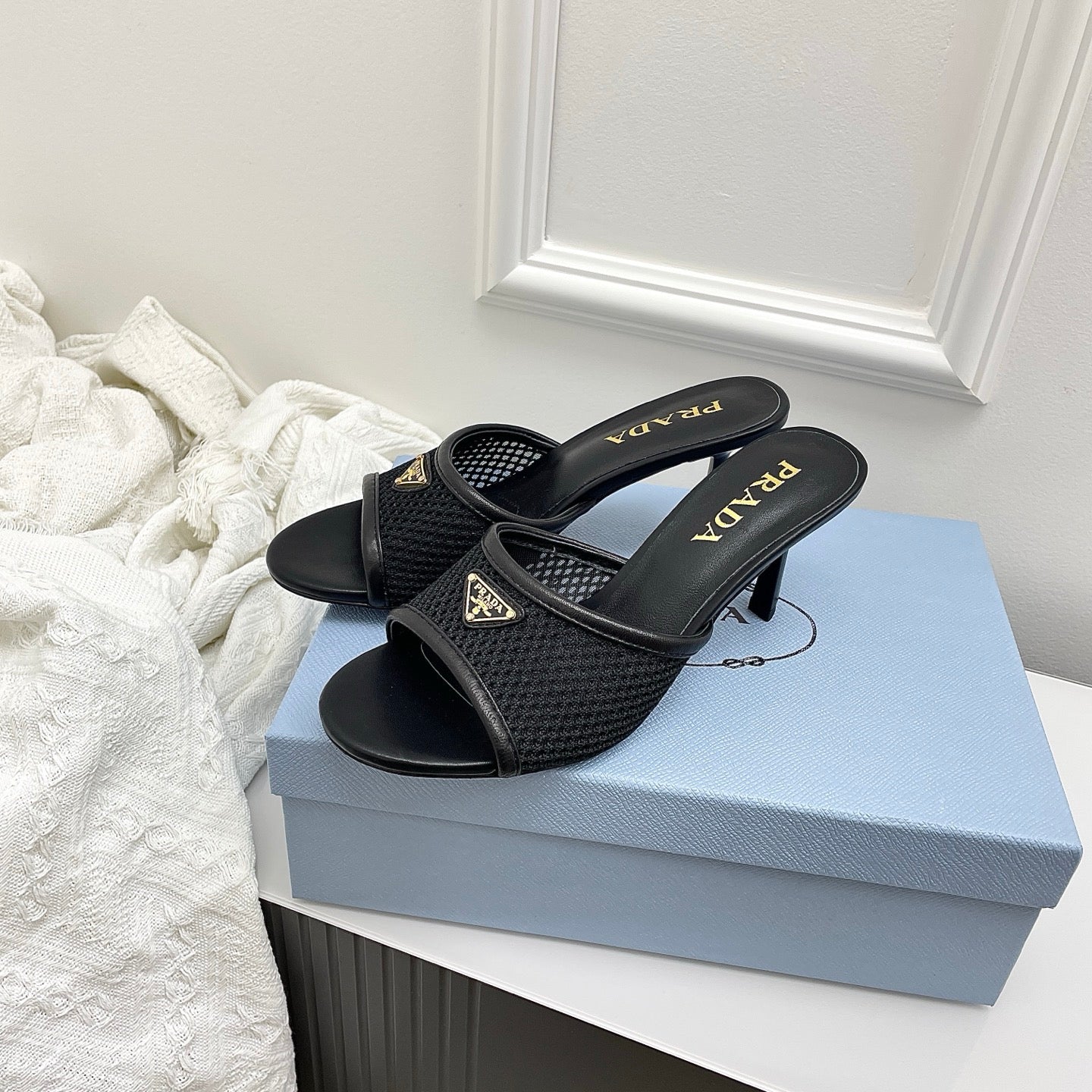 Prada 26s Mules Black Mesh Leather 726971