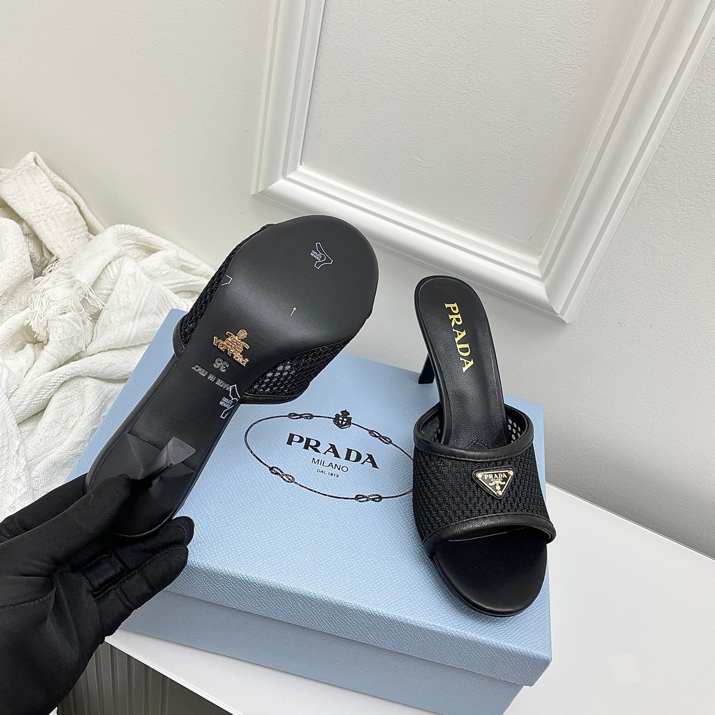 Prada 26s Mules Black Mesh Leather 726971