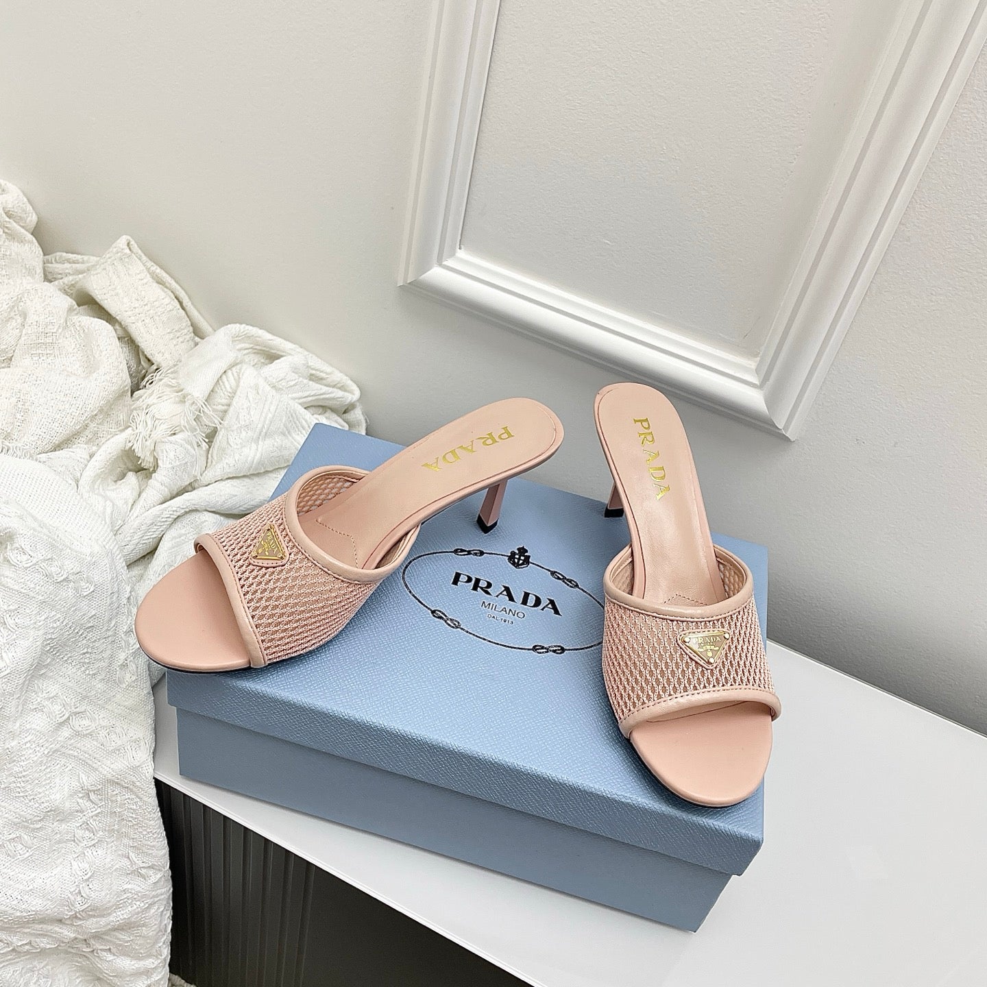 Prada 26s Mules Light Pink Mesh Leather 726972