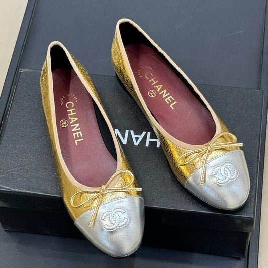 Chanel 2026 Ballet Flat Gold Silver Leather