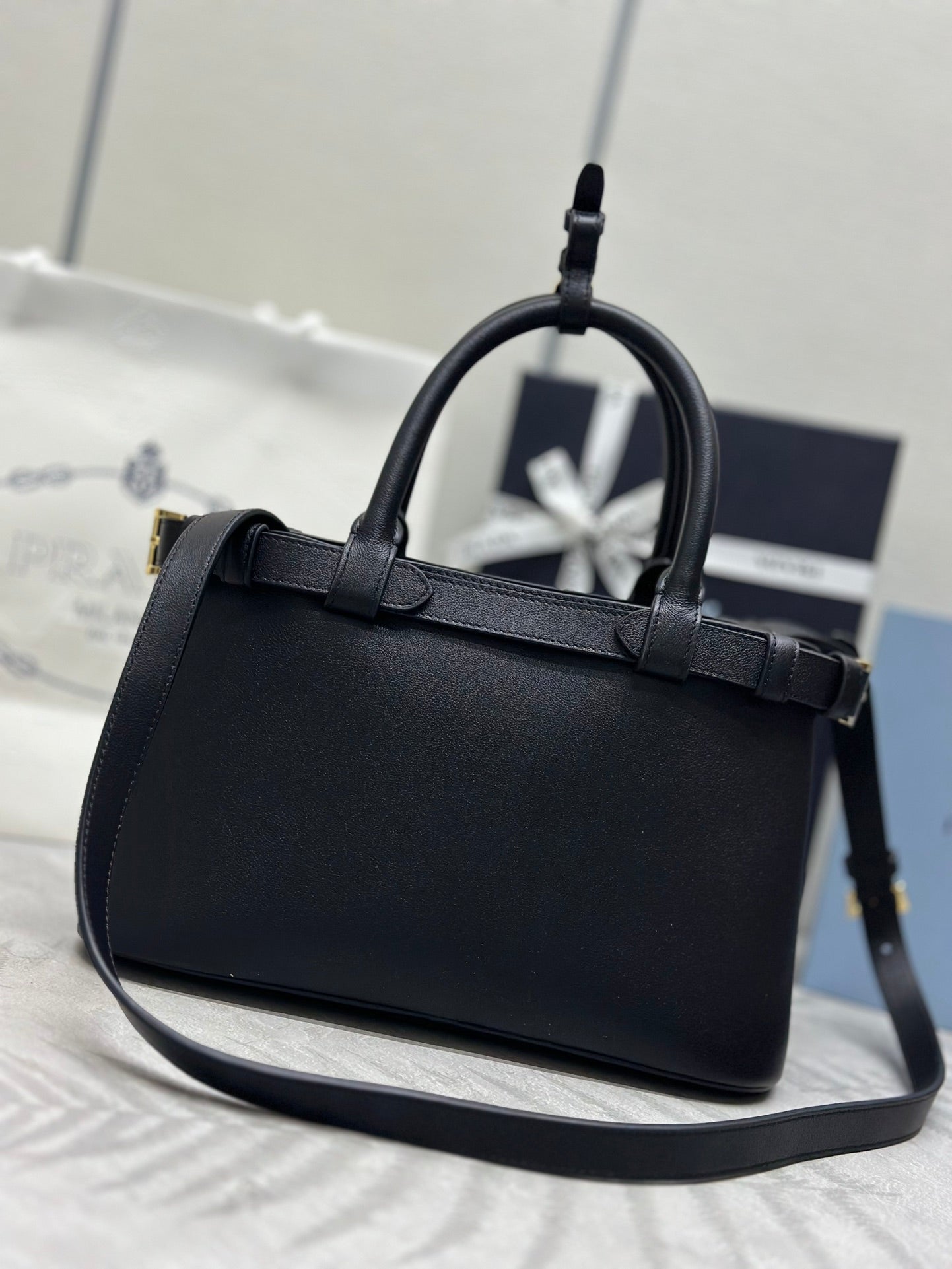 Prada Buckle Tote Bag 28cm Black Grain Cowhide