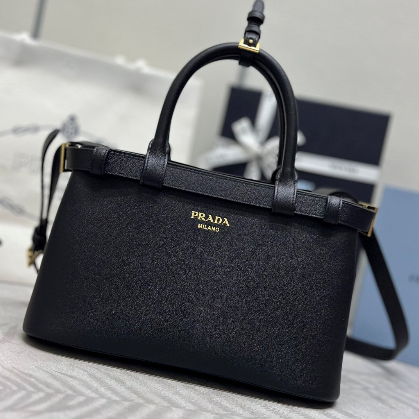 Prada Buckle Tote Bag 28cm Black Grain Cowhide