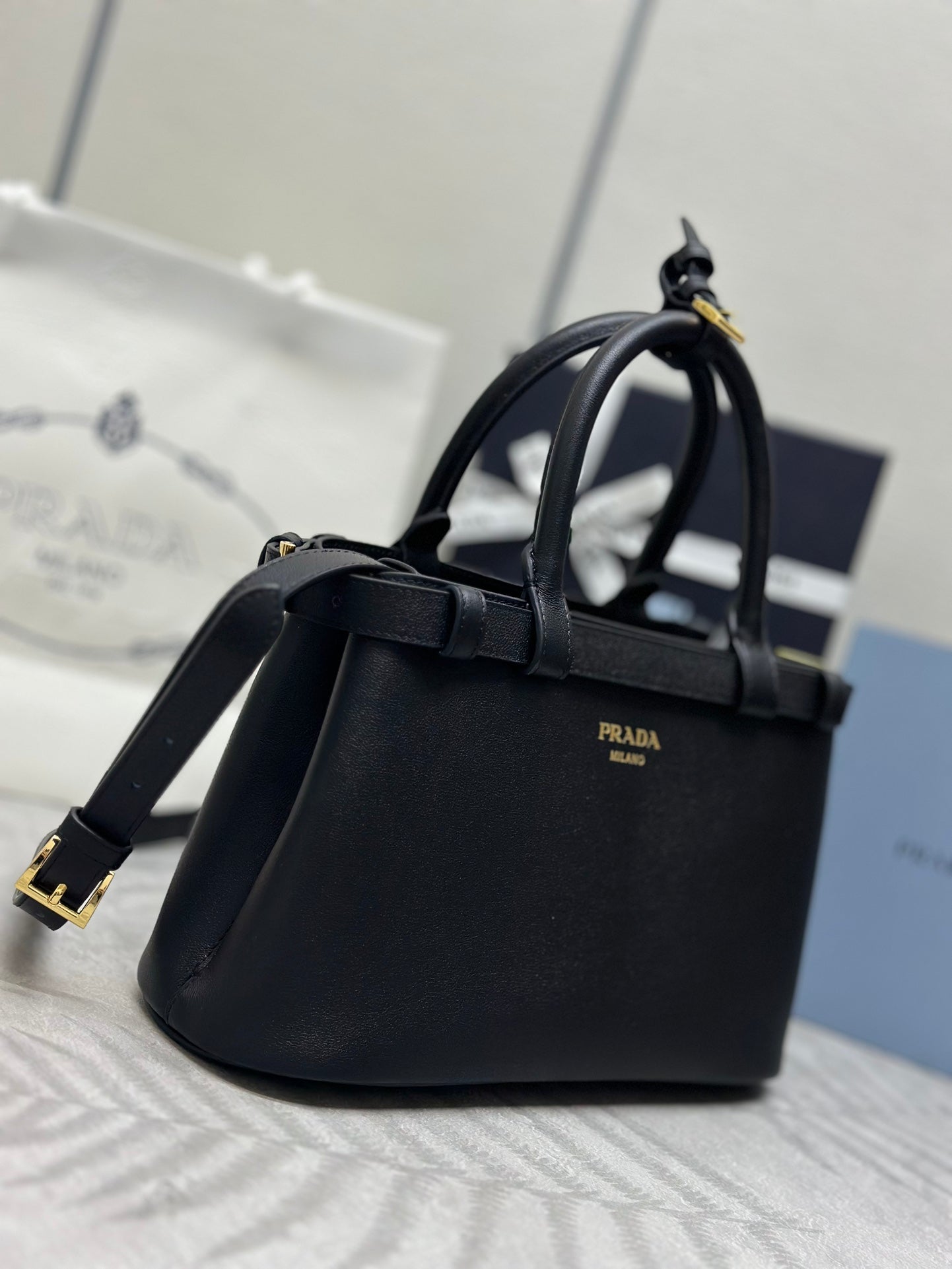 Prada Buckle Tote Bag 28cm Black Grain Cowhide