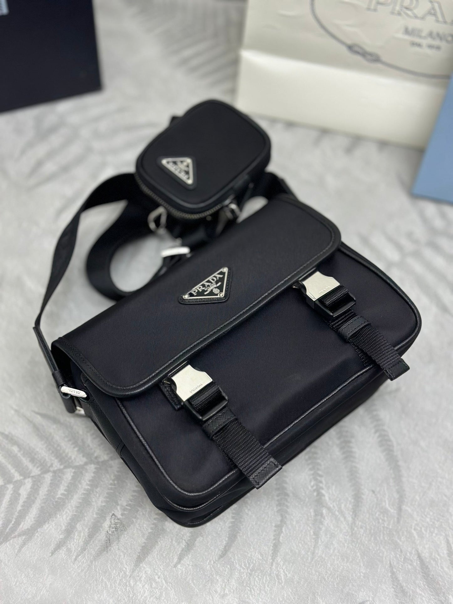 Prada 25AW Men's Saddle Bag 22 Black  Re Nylon Fabric