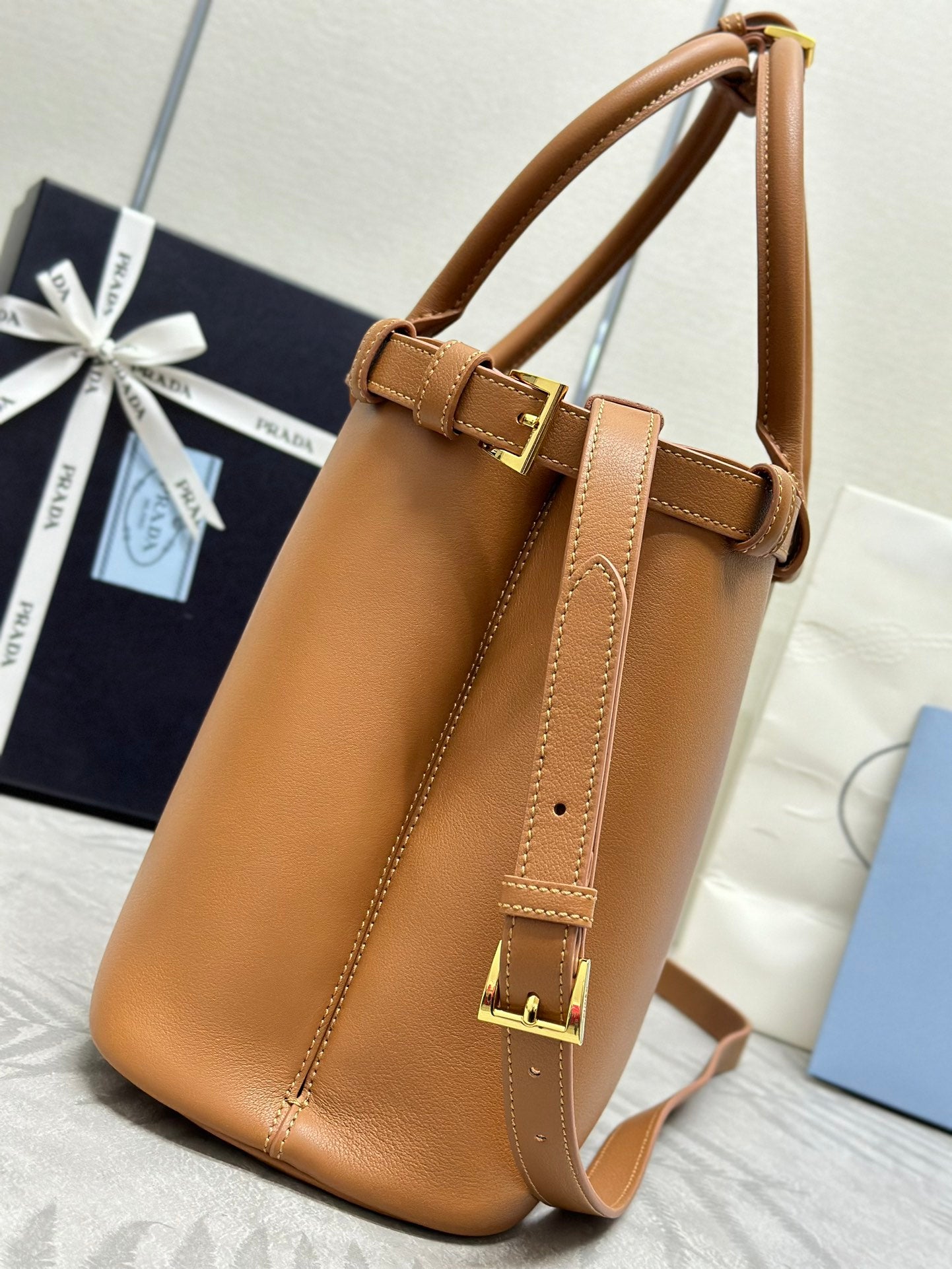 Prada Buckle Tote Bag 35cm Brown Cowhide