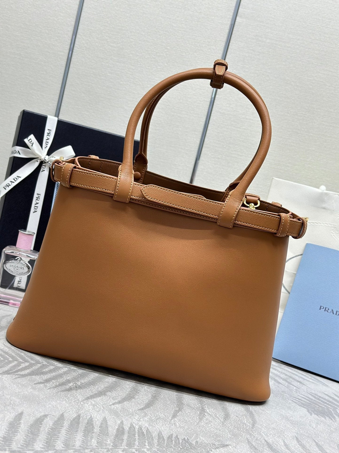 Prada Buckle Tote Bag 35cm Brown Cowhide