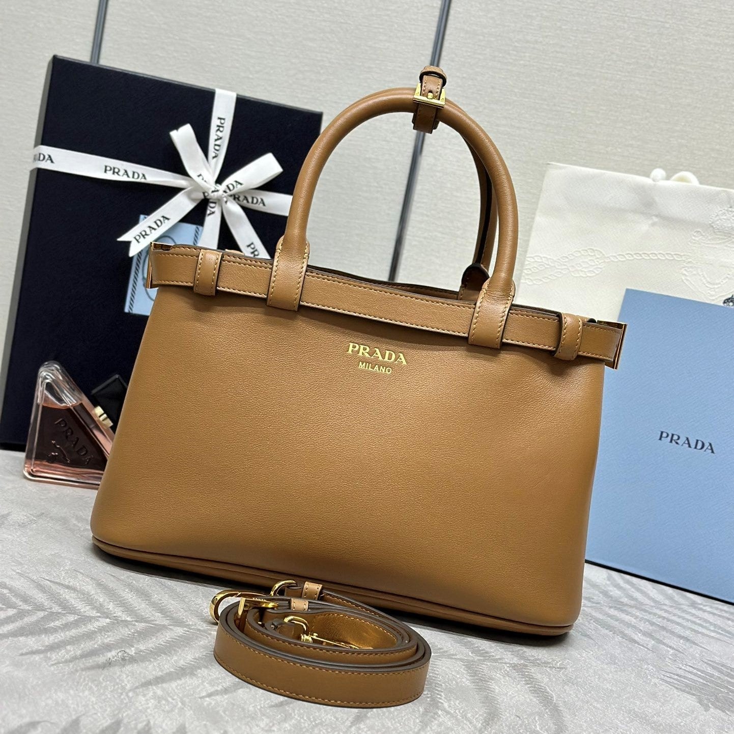 Prada Buckle Tote Bag 28cm Brown Cowhide