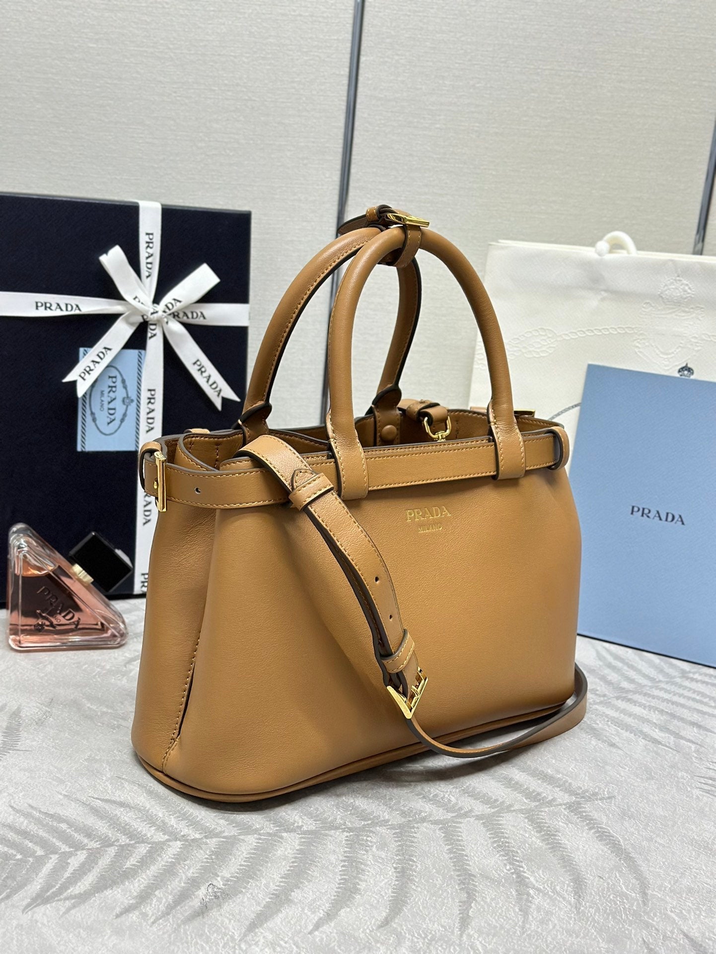 Prada Buckle Tote Bag 28cm Brown Cowhide