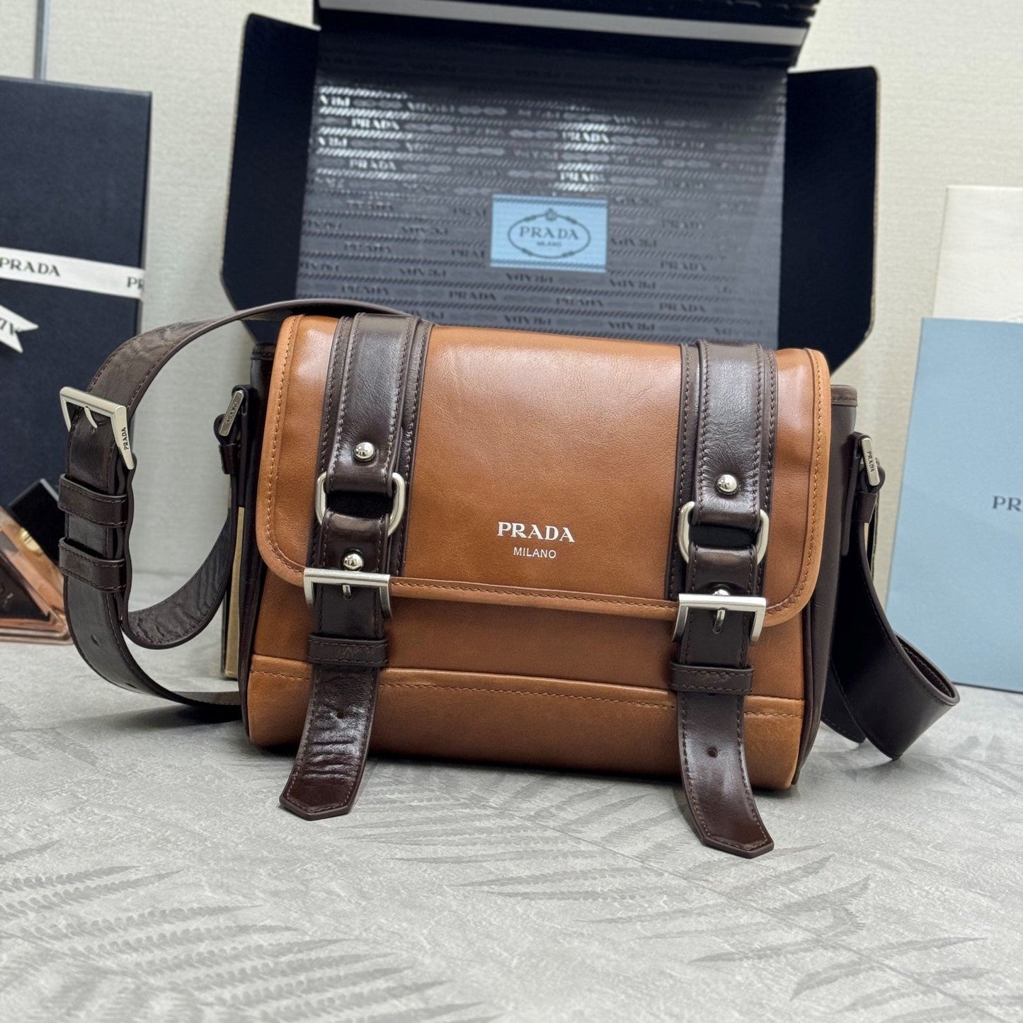 Prada 25AW Men's Saddle Bag 22 Coffee Camel Leather