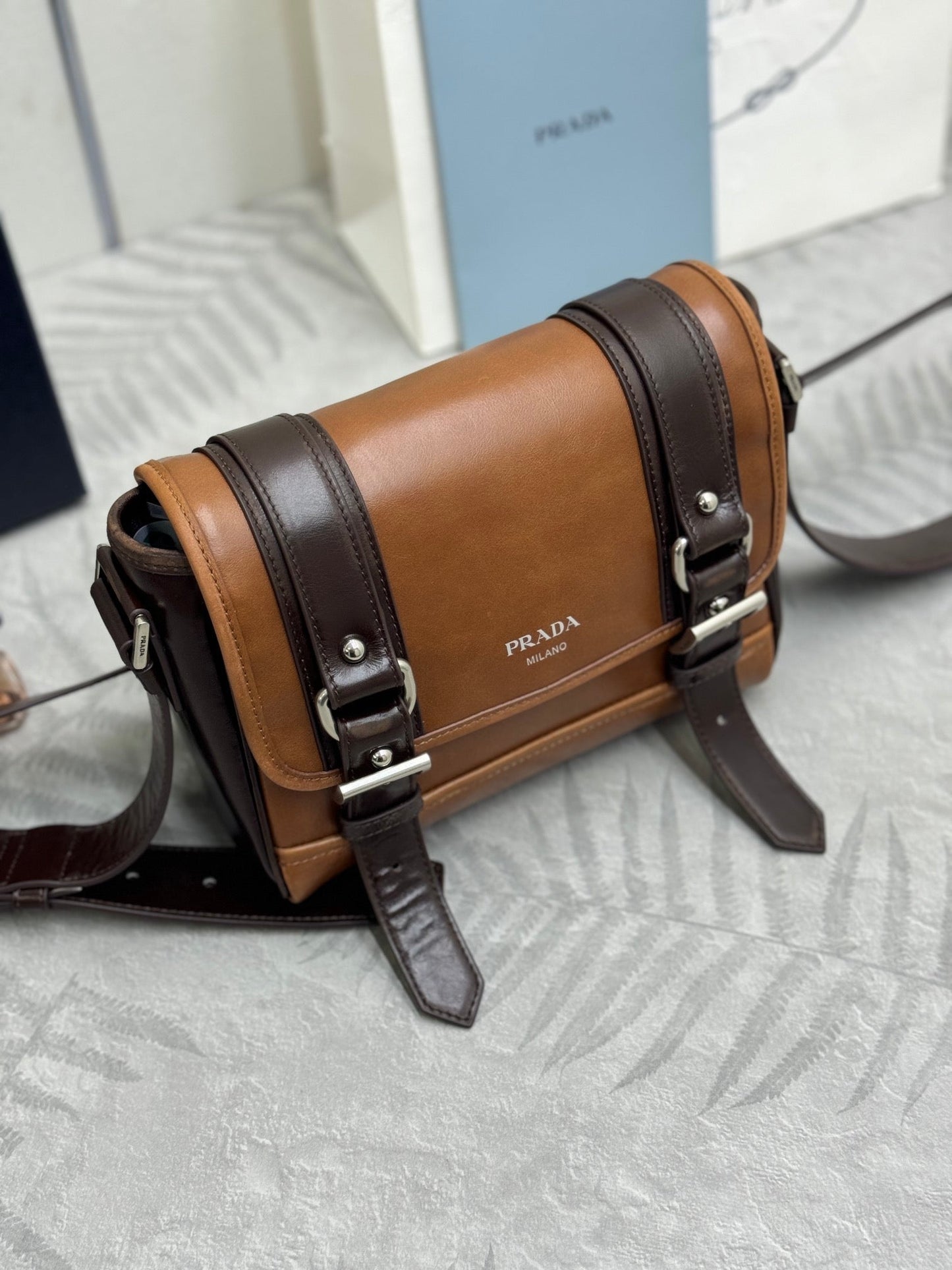 Prada 25AW Men's Saddle Bag 22 Coffee Camel Leather